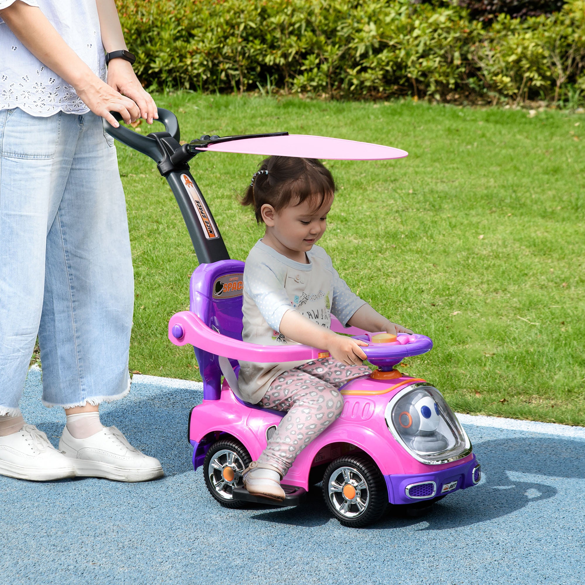 AIYAPLAY 3 in 1 Ride on Push Car, Cartoon Robot Theme Foot to Floor Slider w/ Handle Light Music Horn, Storage - Pink - anydaydirect
