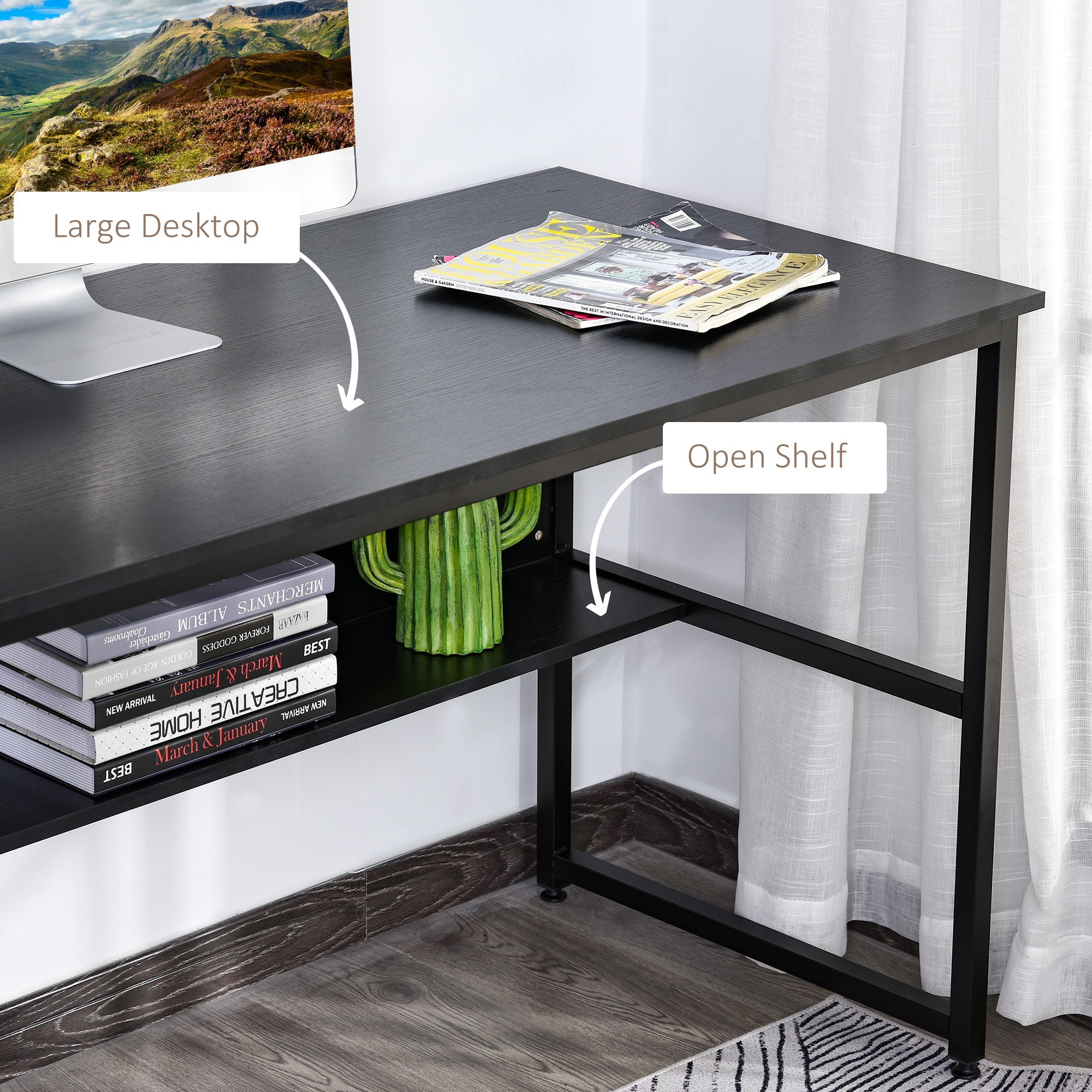 HOMCOM Computer Desk with Storage Shelf, 120 x 60cm Home Office Desk with Metal Frame, Study Table, Easy Assembly, Black - anydaydirect