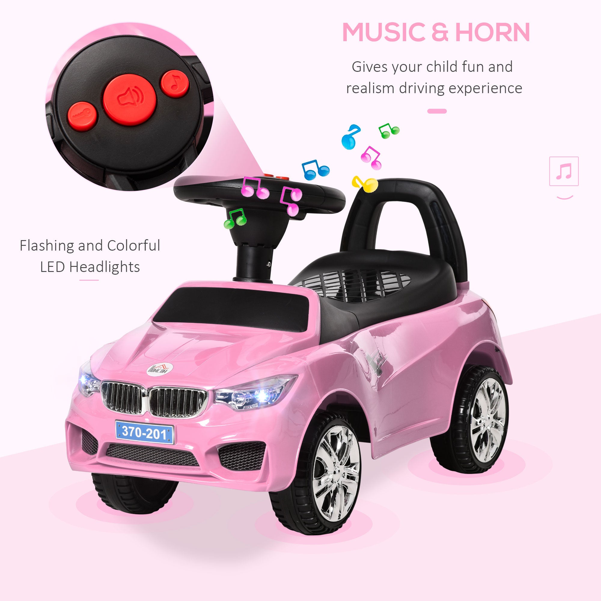 HOMCOM Baby Toddler Ride On Car, Foot to Floor Slider with Horn, Music, Working Lights, Storage, Big Steering Wheel, Pink - anydaydirect
