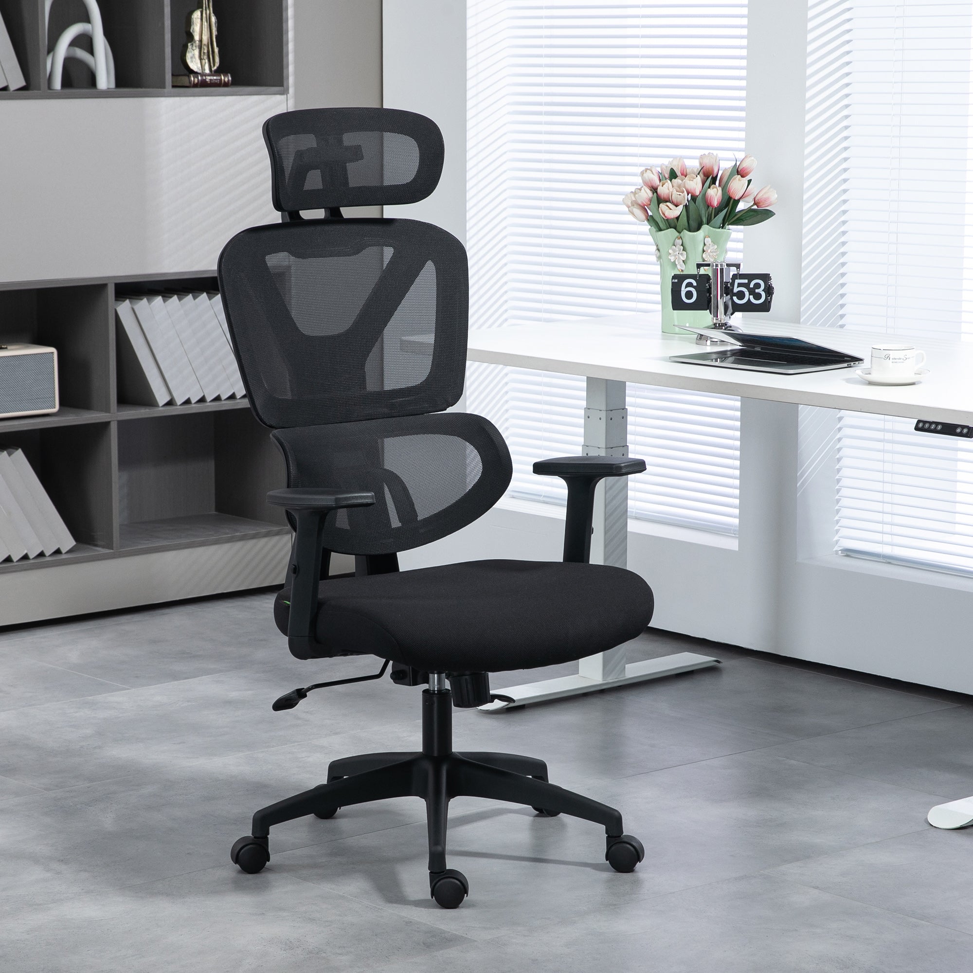 Vinsetto Mesh Office Chair, Height Adjustable Desk Chair with Lumbar Support, Swivel Wheels and Adjustable Headrest, Black - anydaydirect