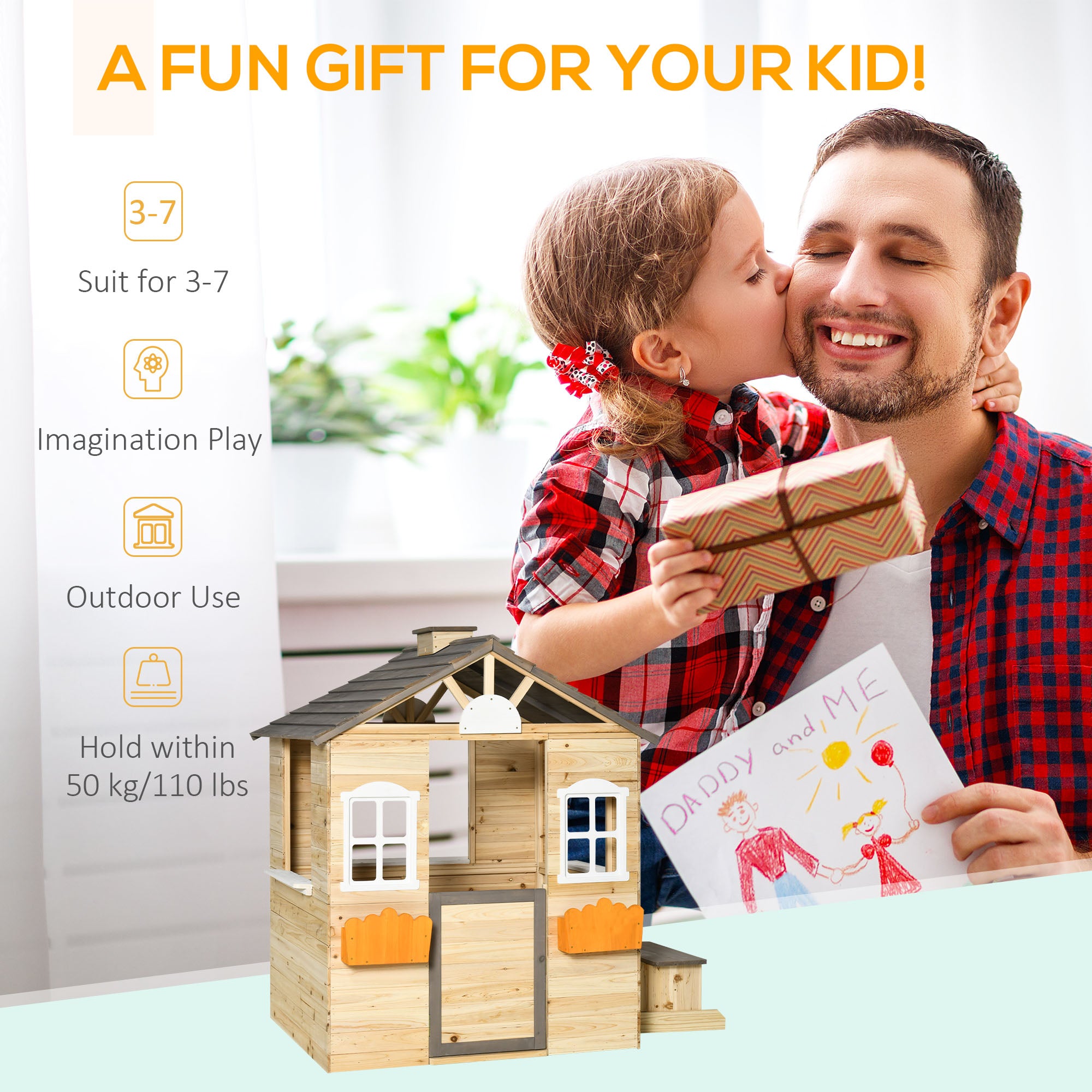 Outsunny Wooden Playhouse for Kids Outdoor Wendy House with Door, windows, Bench, Service Stations, Flowerpot Holder, For Ages 3-7 Years - anydaydirect