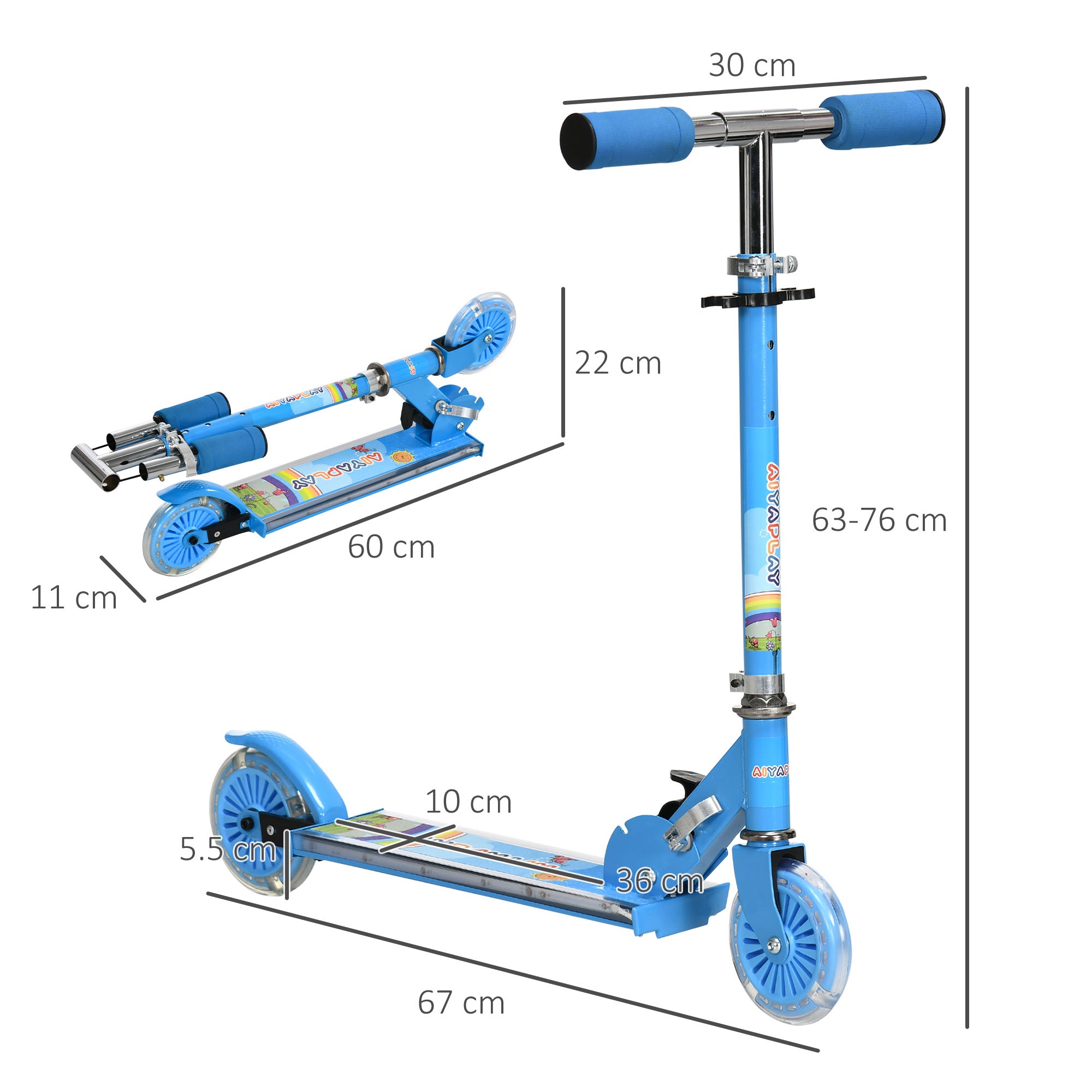 HOMCOM Kids Scooter with Lighting and Music Features, Adjustable Height, Foldable Design for Easy Storage, for 3-7 Years, Blue - anydaydirect