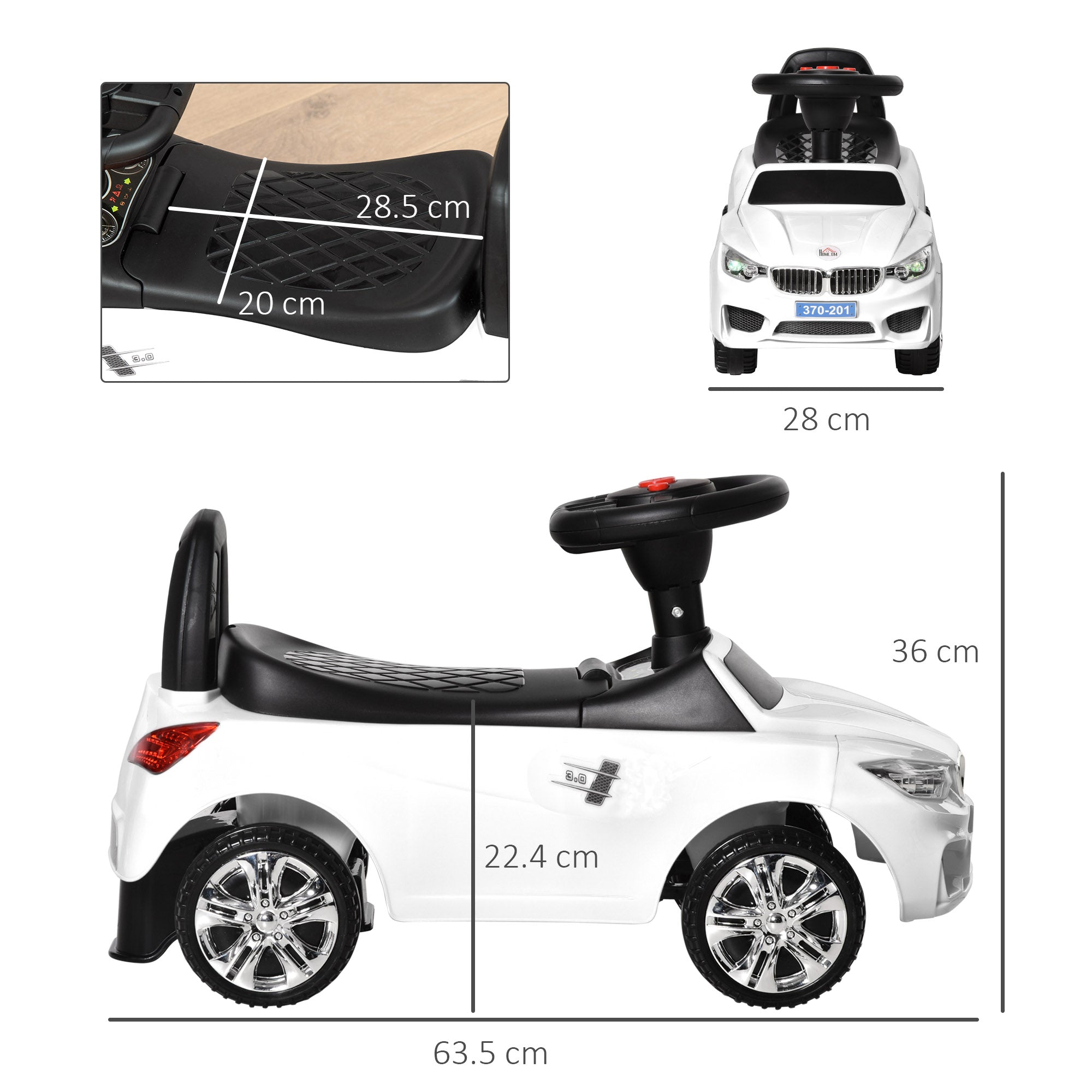 HOMCOM Kids Car Kides Ride on Push Car, 4-in-1, Foot-to-Floor with Anti-Overturning System & Under-seat Storage, White - anydaydirect