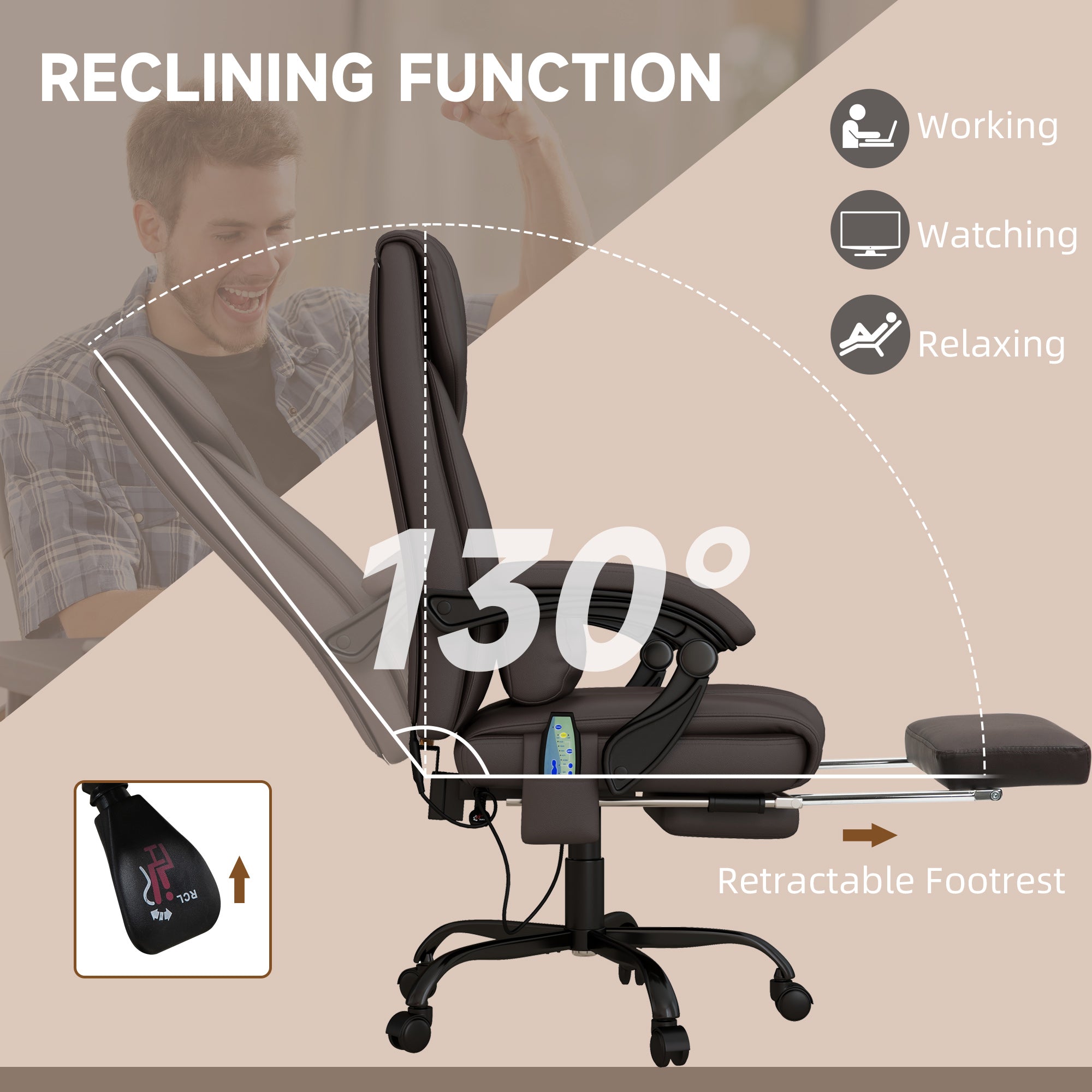 Vinsetto 6-Point Massage Office Chair, PU Leather Desk Chair with Adjustable Height and Footrest for Home Office, Brown - anydaydirect