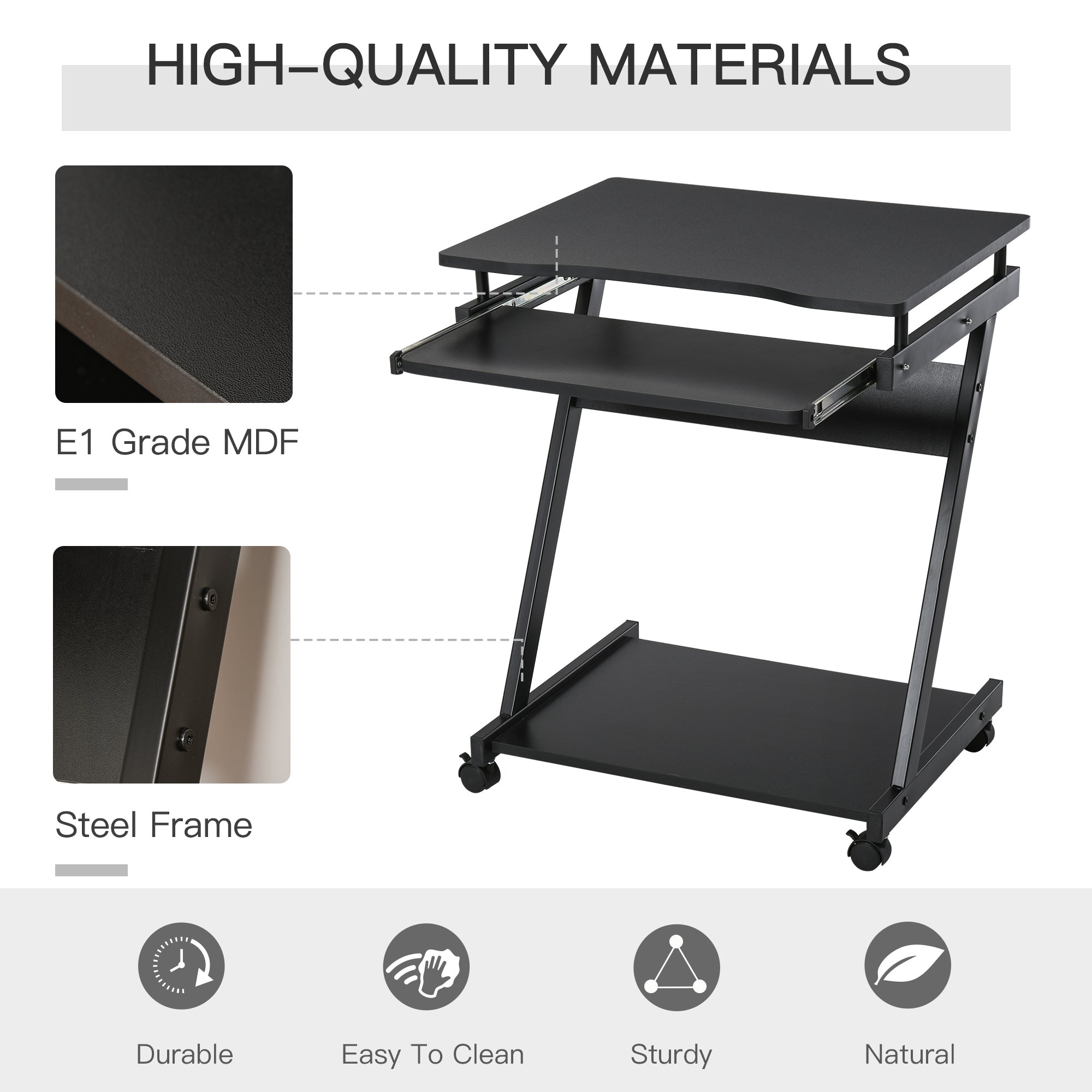 HOMCOM Movable Computer Desk with 4 Moving Wheels Sliding Keyboard Tray Home Office Workstation Black - anydaydirect
