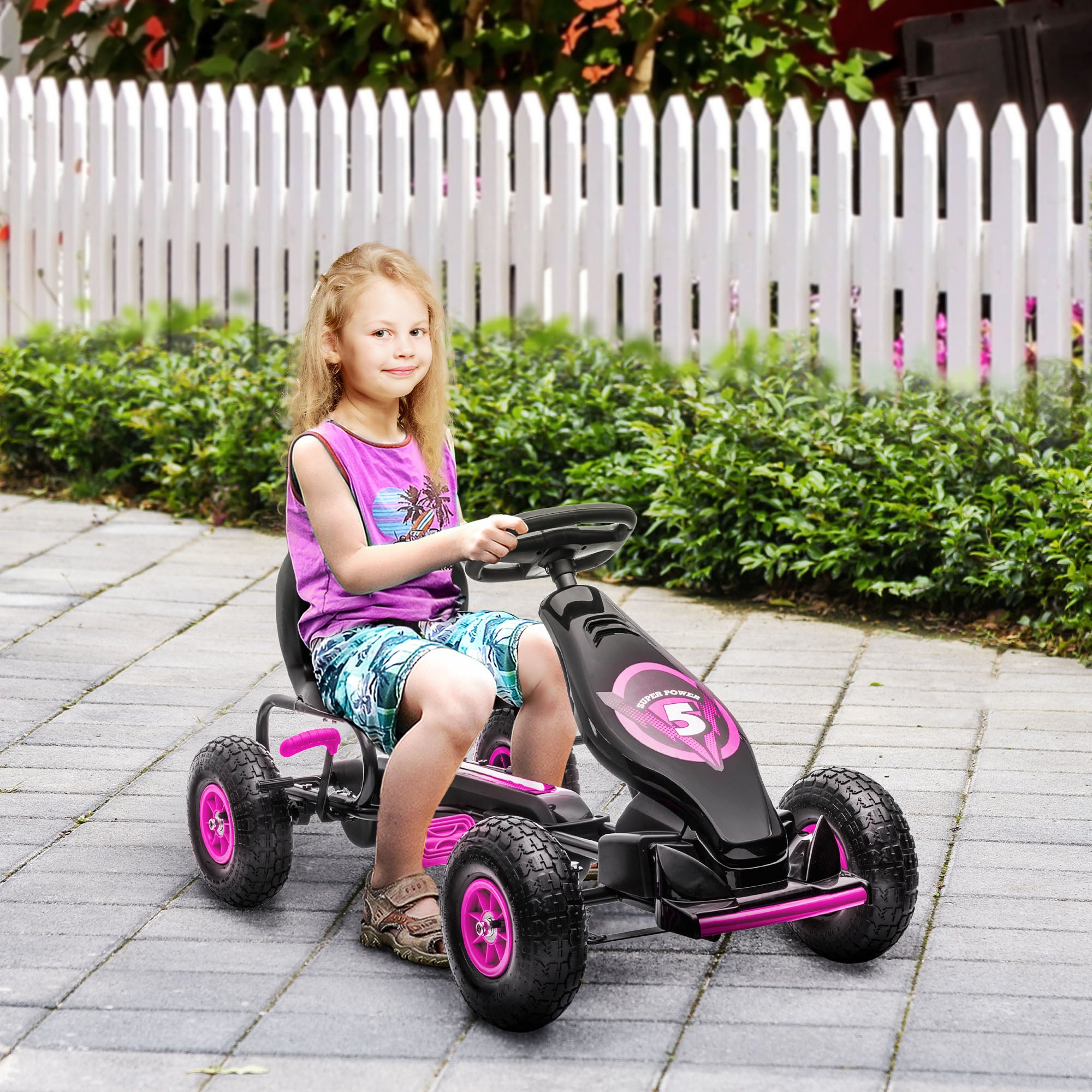 HOMCOM Children Pedal Go Kart, Racing Go Cart w/ Adjustable Seat, Inflatable Tyres, Shock Absorb, Handbrake, for Kids Aged 5-12, Pink - anydaydirect