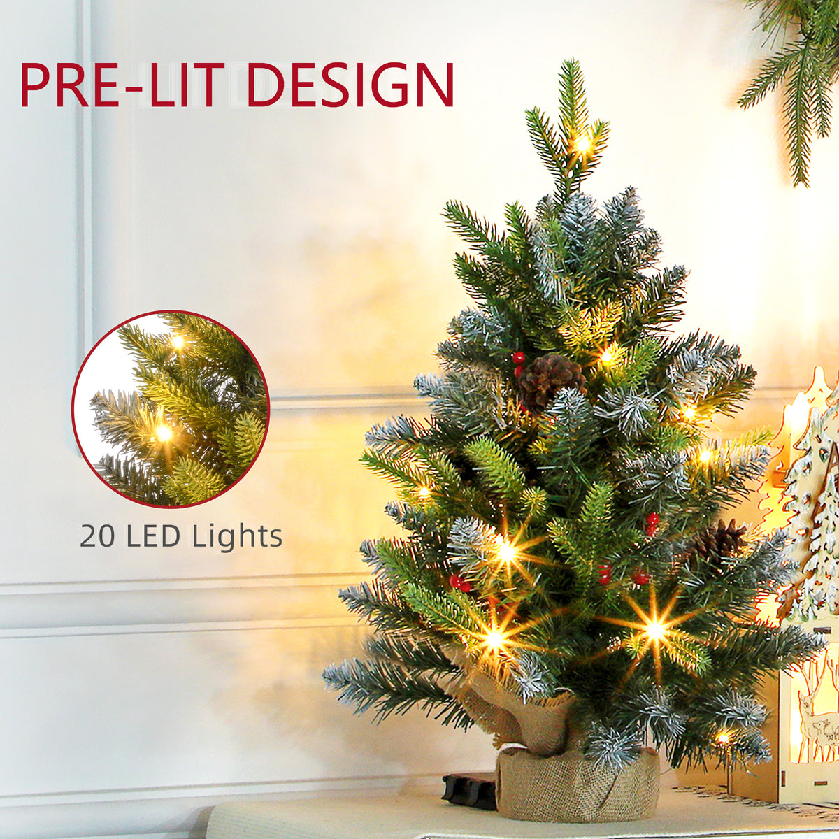 HOMCOM 2 Pieces 2ft Prelit Artificial Christmas Tree with LED Light and 141 Tips, Concrete Base, Tabletop Xmas Tree with Pine Cones and Red Berries, Green - anydaydirect