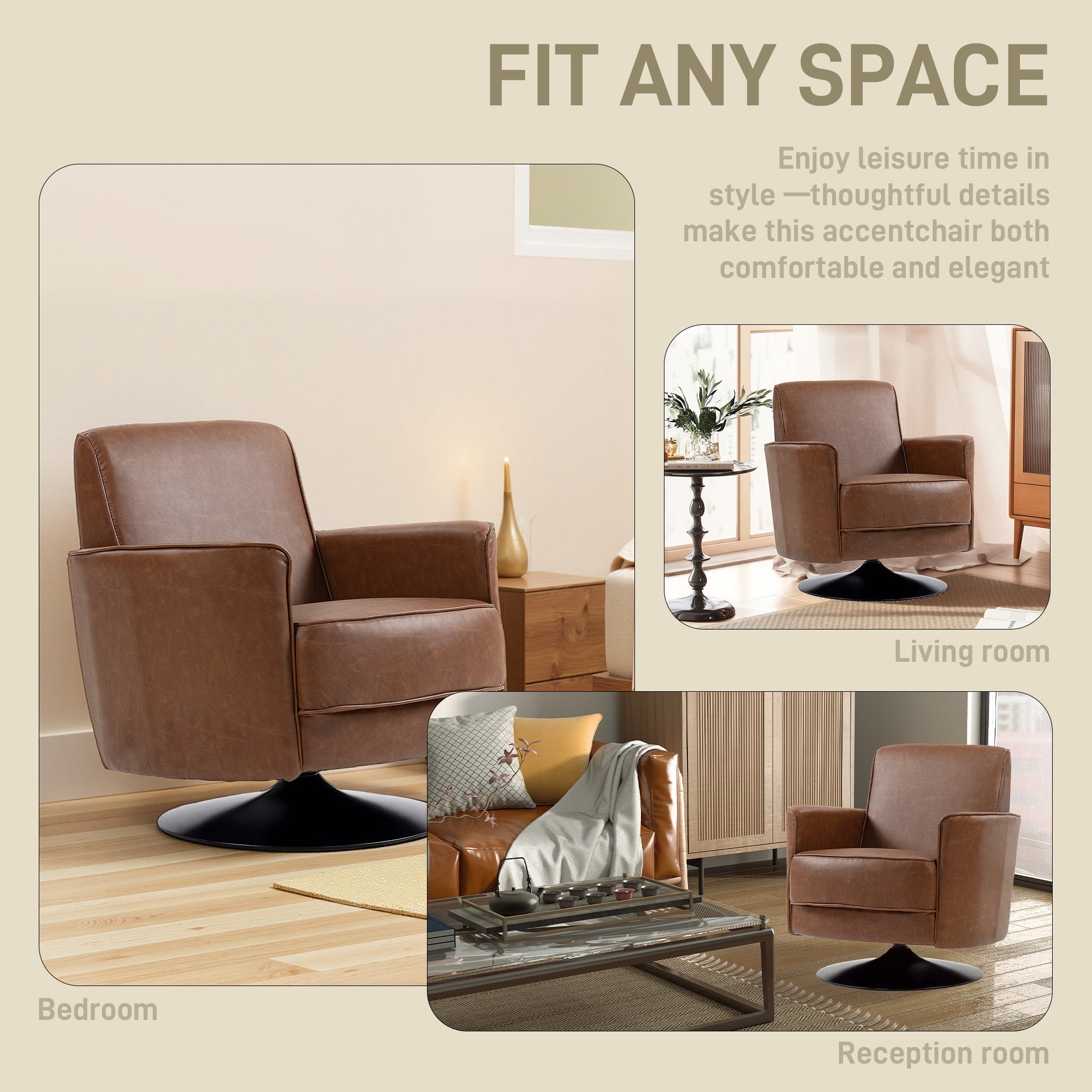 HOMCOM Upholstered Swivel Accent Chair with Thick Padding, Brown - anydaydirect