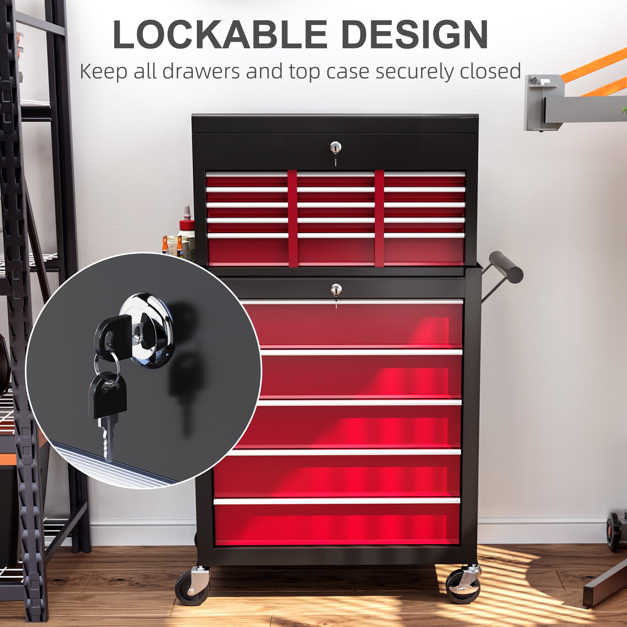 HOMCOM 14 Drawer, Two-Part Tool Storage Chest on Wheels - Red - anydaydirect