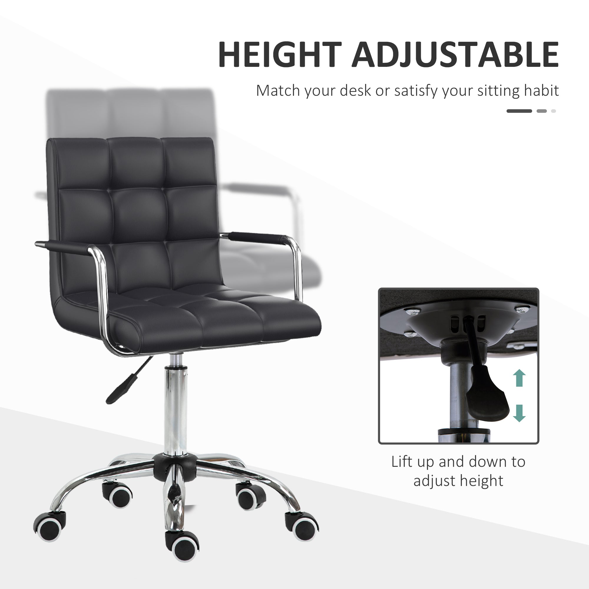 Vinsetto Office Chair, Makeup Vanity Chair, Mid Back Computer Chair, PU Leather Swivel Study Chair with Adjustable Height, Armrest and Rolling Wheels, Black - anydaydirect