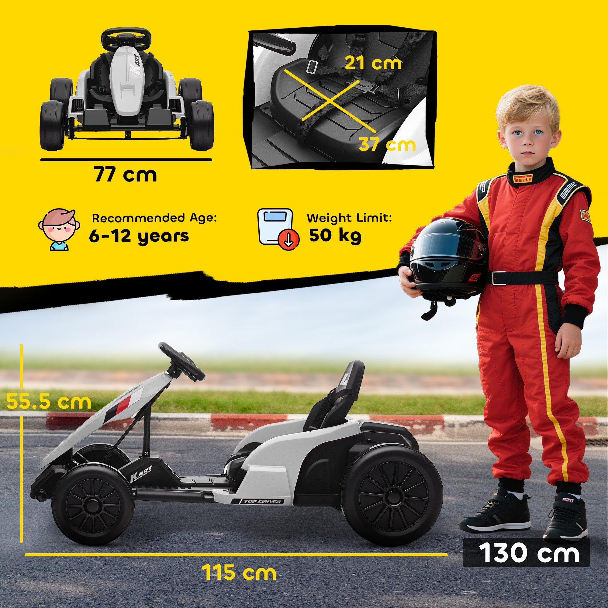 AIYAPLAY 24V Electric Go Kart, Drift Kart with Adjustable Seat, Slow Start, 5-Point Harness, Music, Horn, for 6-12 Years, White - anydaydirect
