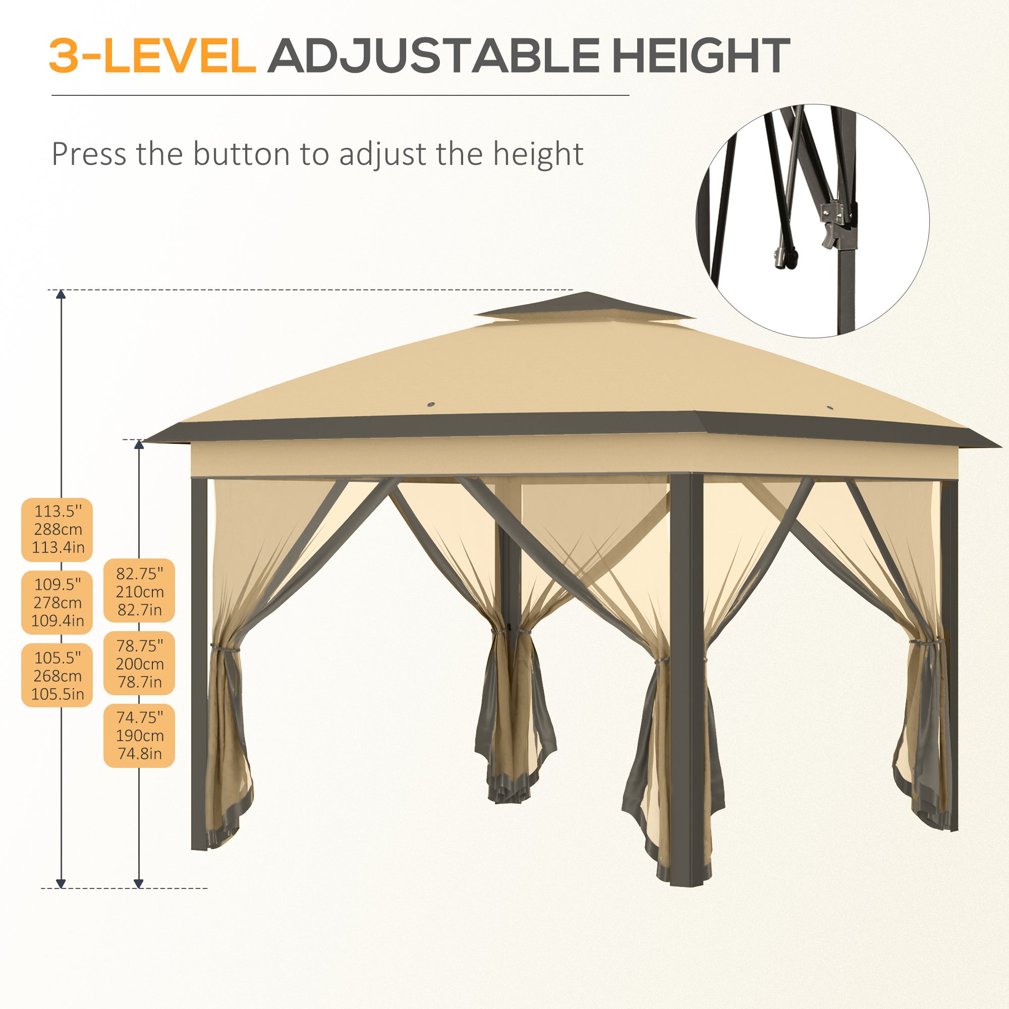 Outsunny 3.3 x 3.3m Pop Up Gazebo, Double Roof Foldable Canopy Tent with Zipped Mesh Sidewalls, Height Adjustable and Carrying Bag, Event Tent for Patio Garden, Beige - anydaydirect