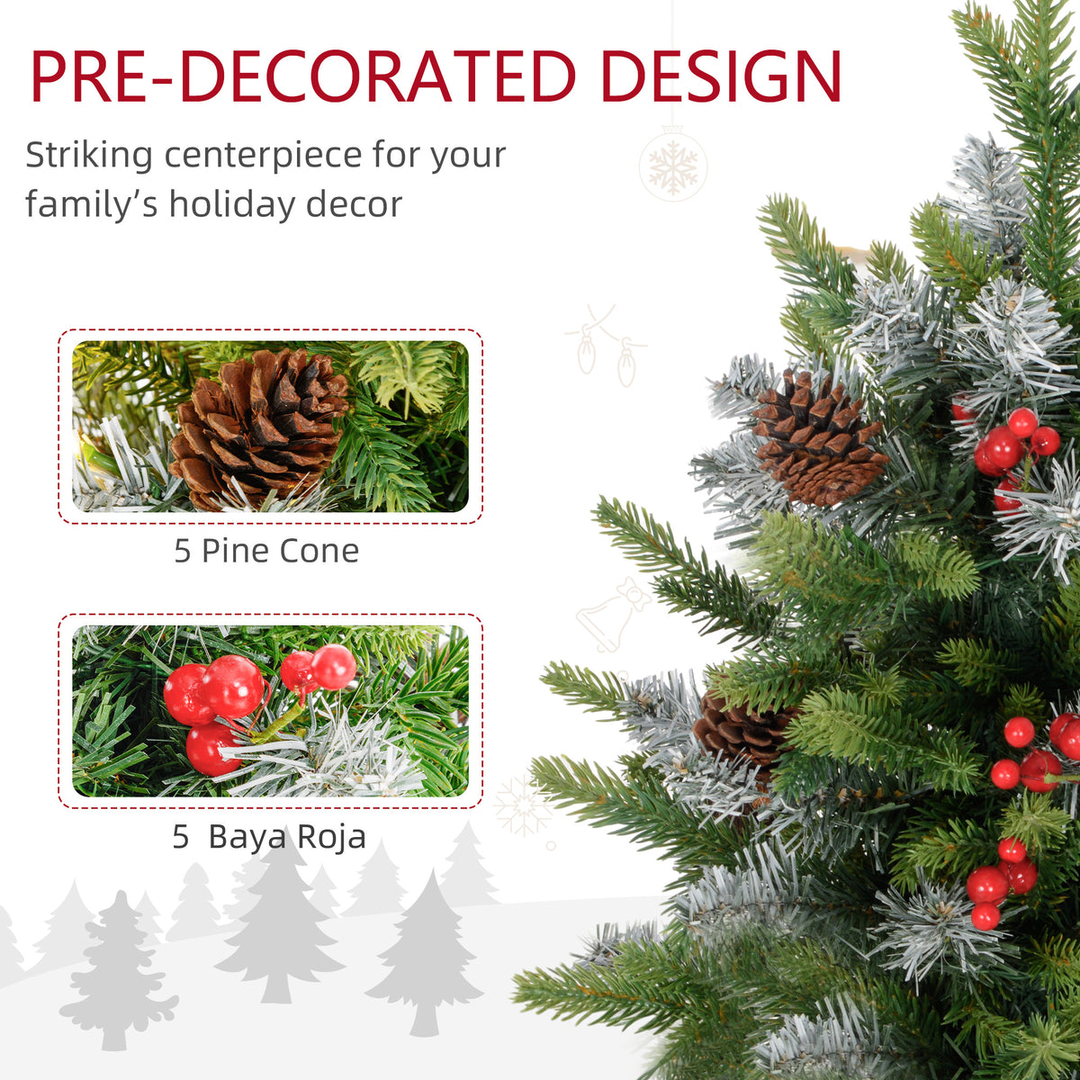 HOMCOM 2 Pieces 2ft Prelit Artificial Christmas Tree with LED Light and 141 Tips, Concrete Base, Tabletop Xmas Tree with Pine Cones and Red Berries, Green - anydaydirect