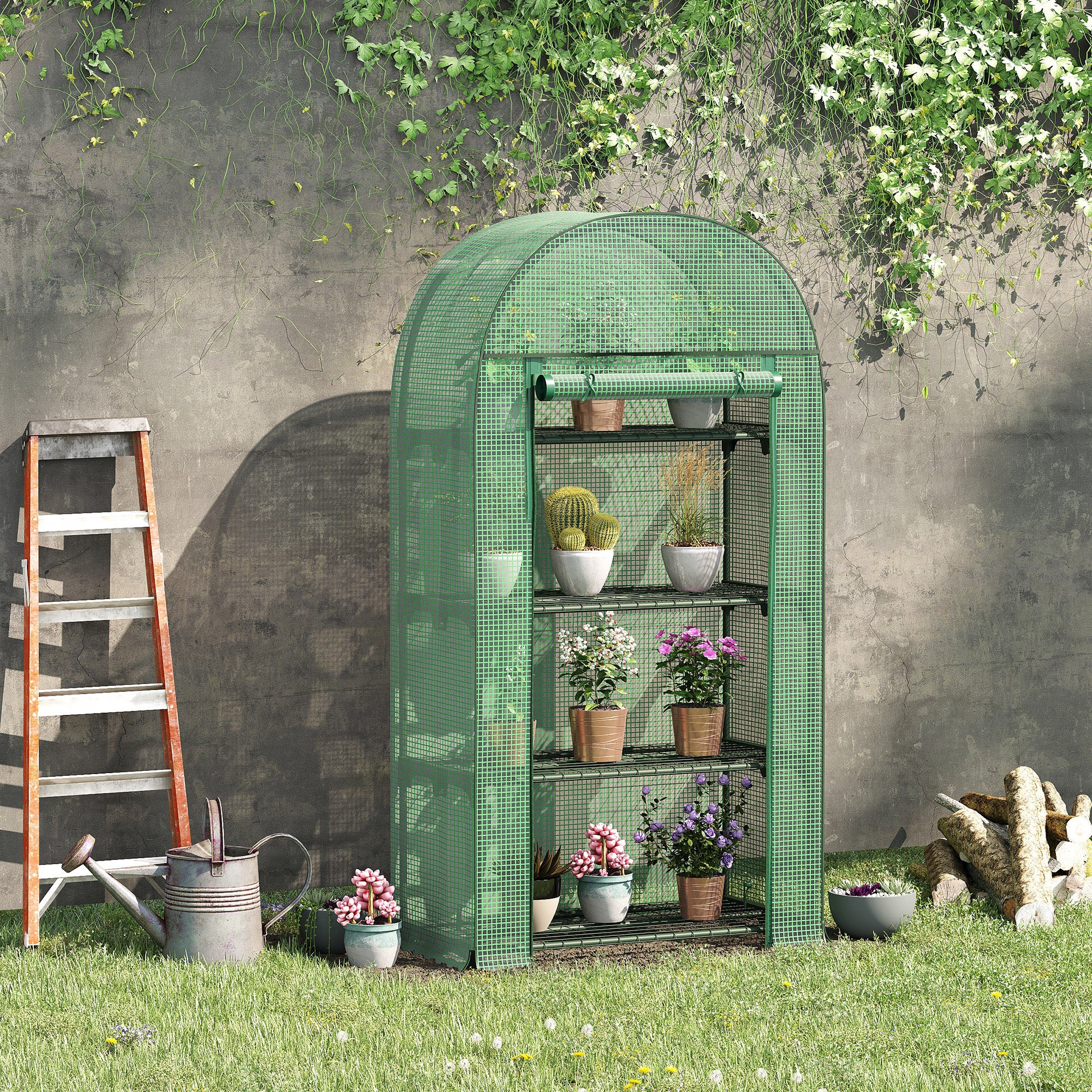 Outsunny 80 x 49 x 160cm Mini Greenhouse for Outdoor, Portable Gardening Plant Green House with Storage Shelf, Roll-Up Zippered Door, Metal Frame and PE Cover, Green - anydaydirect