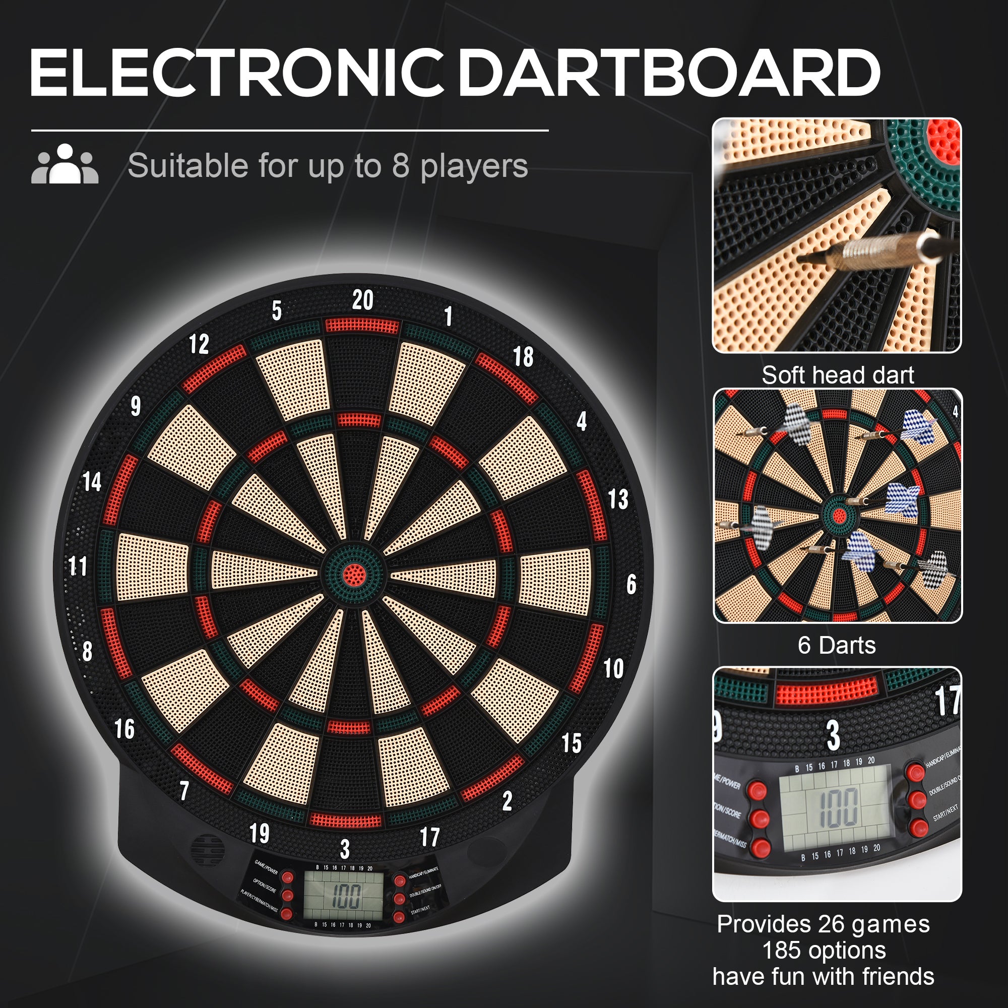 HOMCOM LCD Electronic Dartboard Set Features 26 Games w/ 185 Variations and Include 6 Darts Multi-Game Option Ready-to-Play - anydaydirect