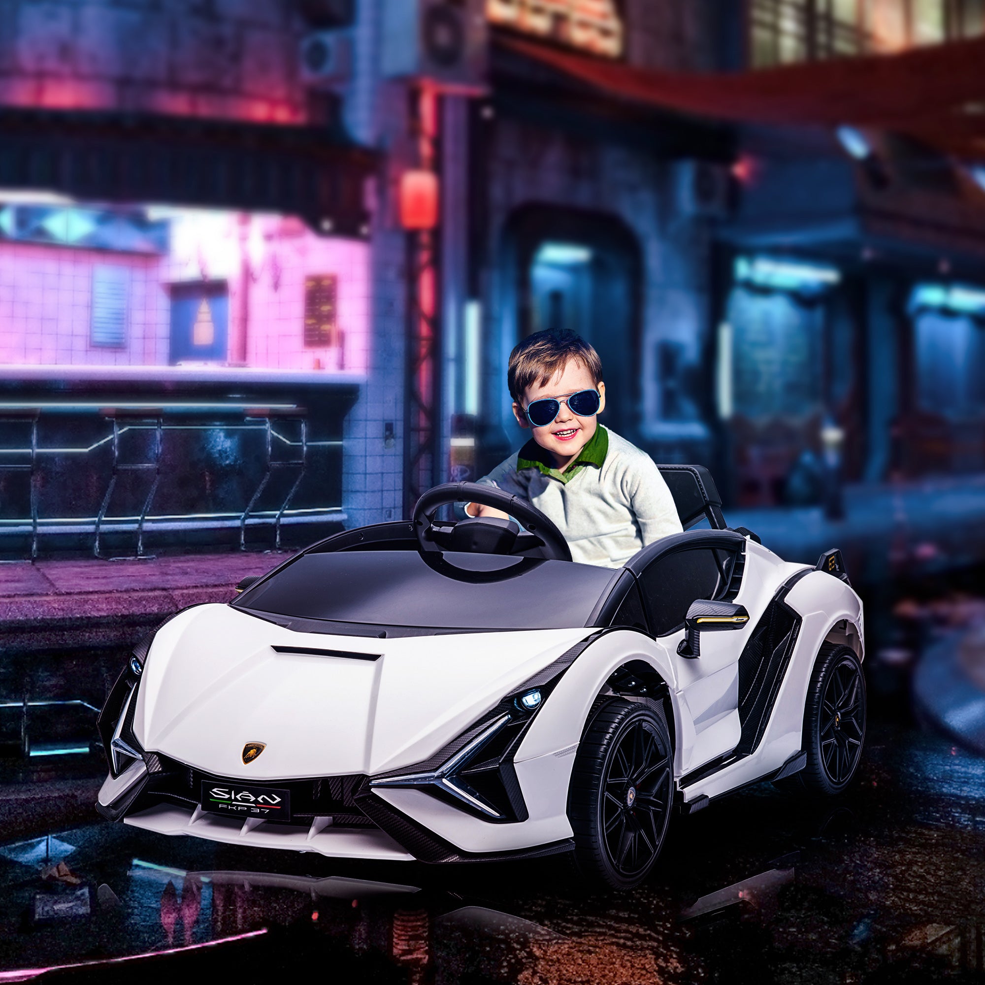 HOMCOM Compatible 12V Battery-powered Kids Electric Ride On Car Lamborghini SIAN Toy w/ Remote Control Lights MP3 for 3-5 Years Old White - anydaydirect