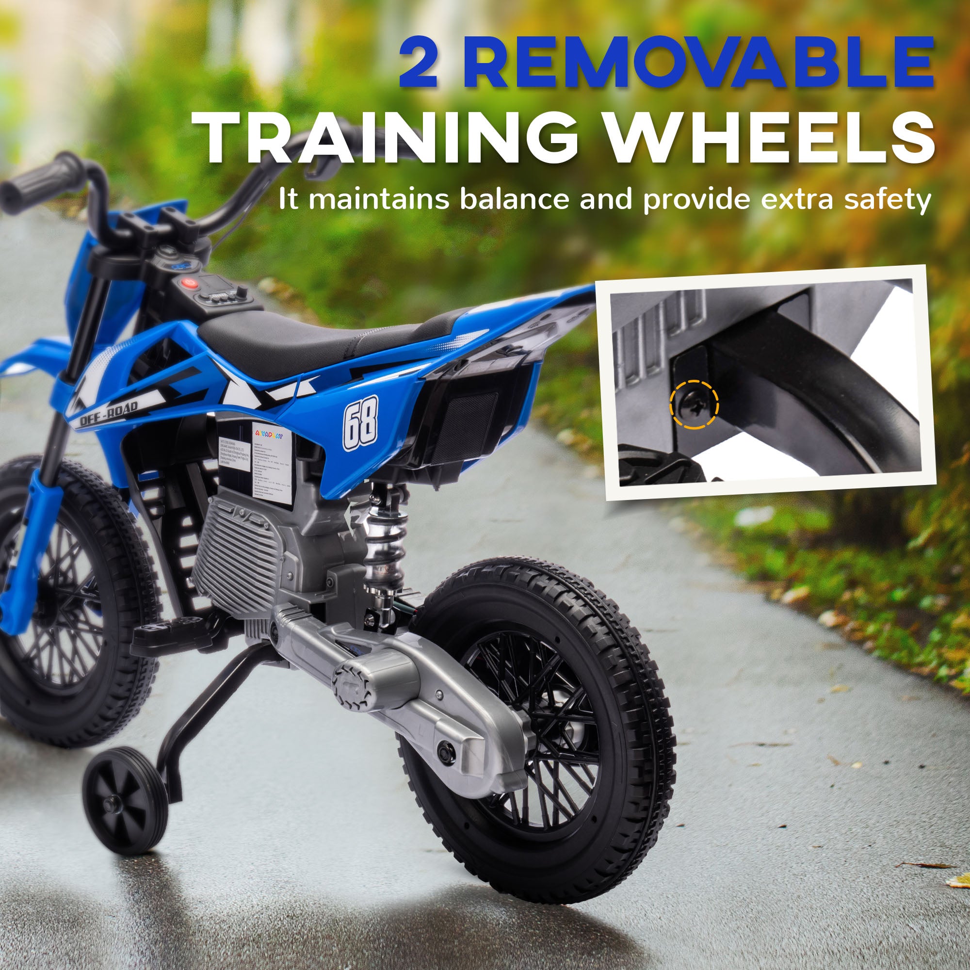 AIYAPLAY 12V Kids Electric Motorbike, Kids Electric Ride on Motorcycle w/ Twist Grip Throttle, Training Wheels - Blue - anydaydirect