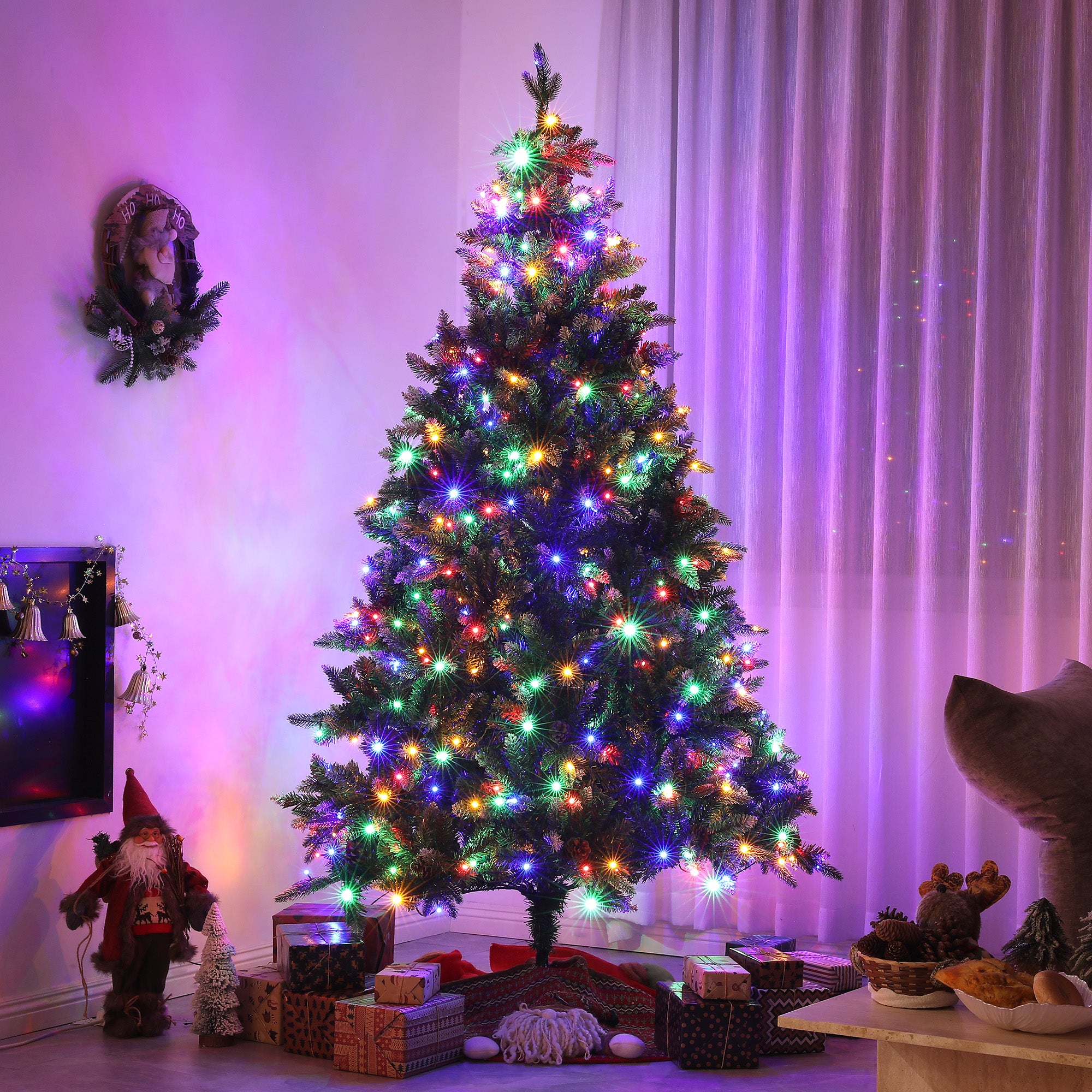 HOMCOM 6ft Prelit Artificial Christmas Tree with Dual Colour LED Light and 1078 Tips, Metal Base, Realistic Hinged Xmas Tree, Green - anydaydirect