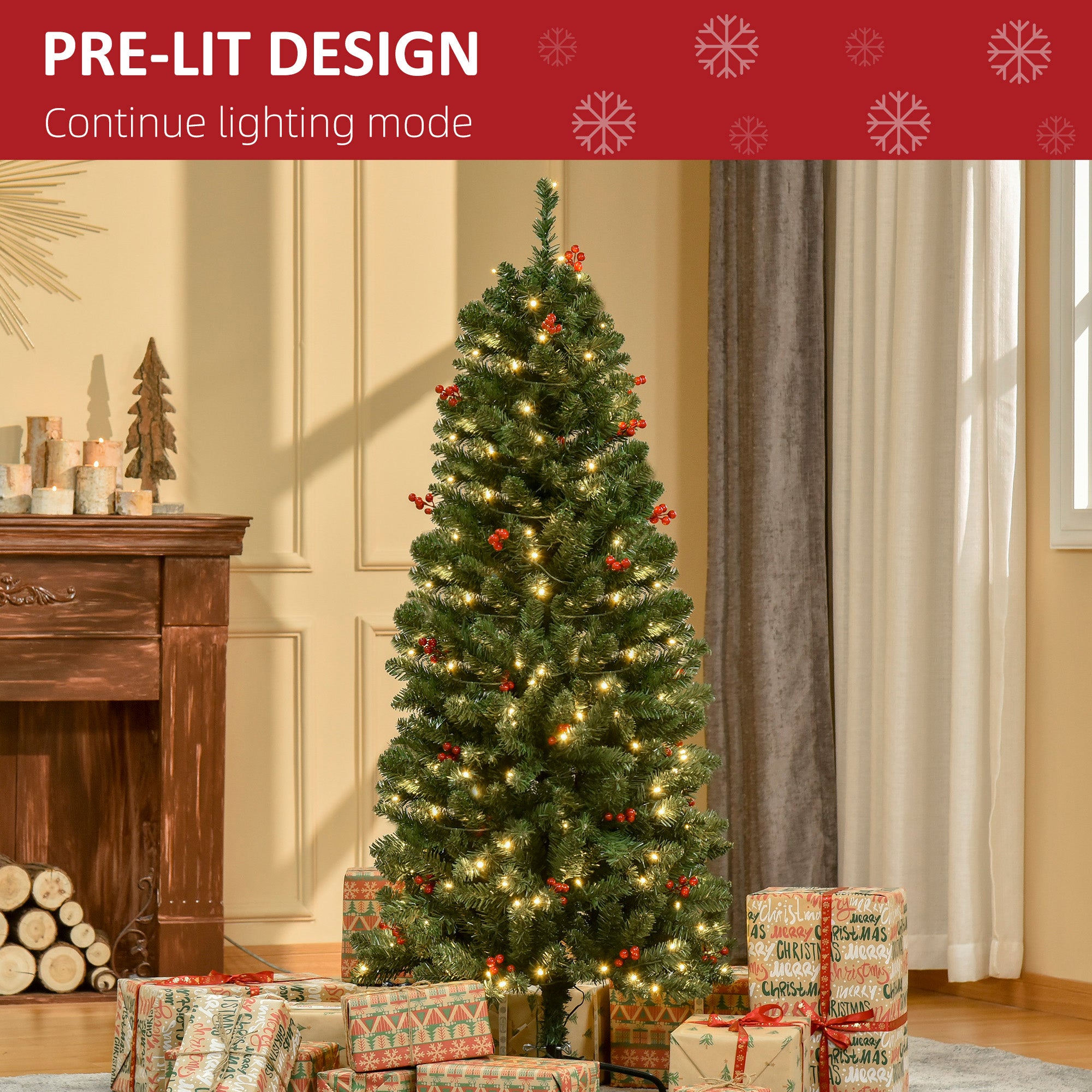 HOMCOM 5FT Prelit Artificial Pencil Christmas Tree with Warm White LED Light, Red Berry, Holiday Home Xmas Decoration, Green - anydaydirect