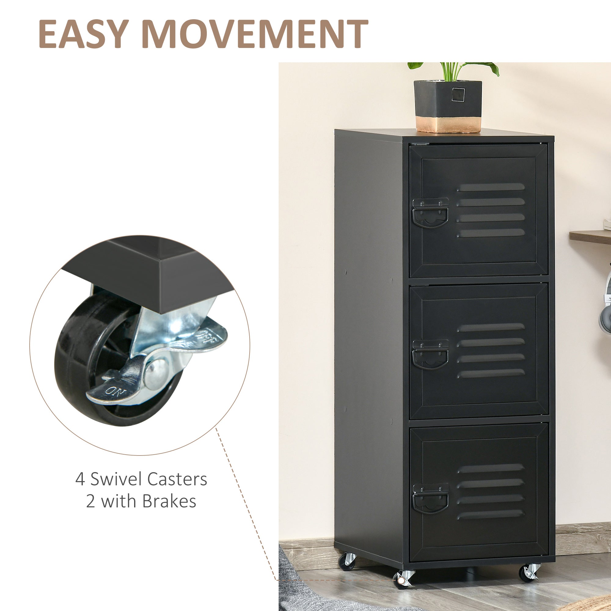 HOMCOM Rolling Storage Cabinet 3-Tier Mobile File Cabinet with Wheels & Metal Doors for Home Office, Living Room, Black - anydaydirect