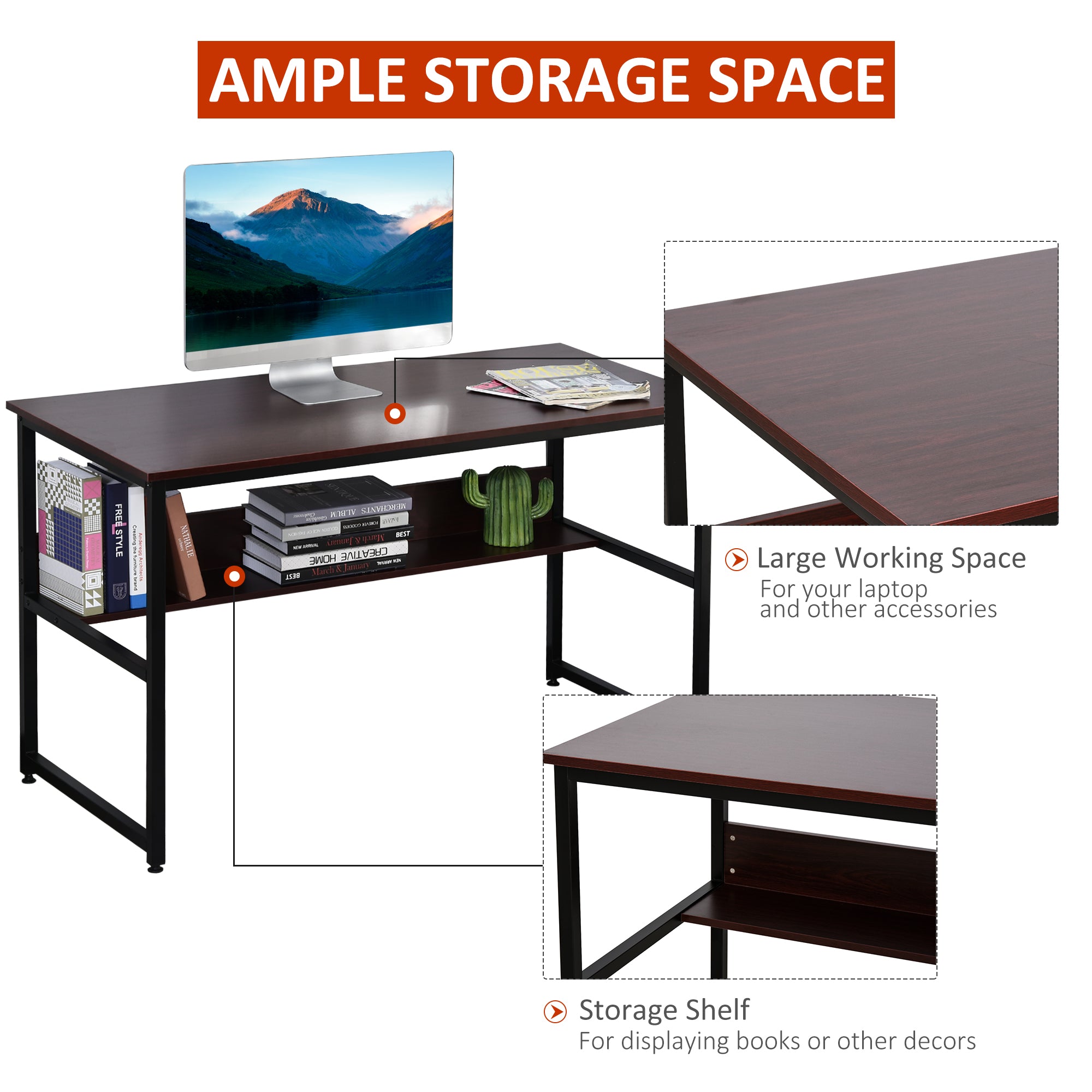 HOMCOM Computer Desk with Storage Shelf, 120 x 60cm Home Office Desk with Metal Frame, Study Table, Easy Assembly, Brown - anydaydirect