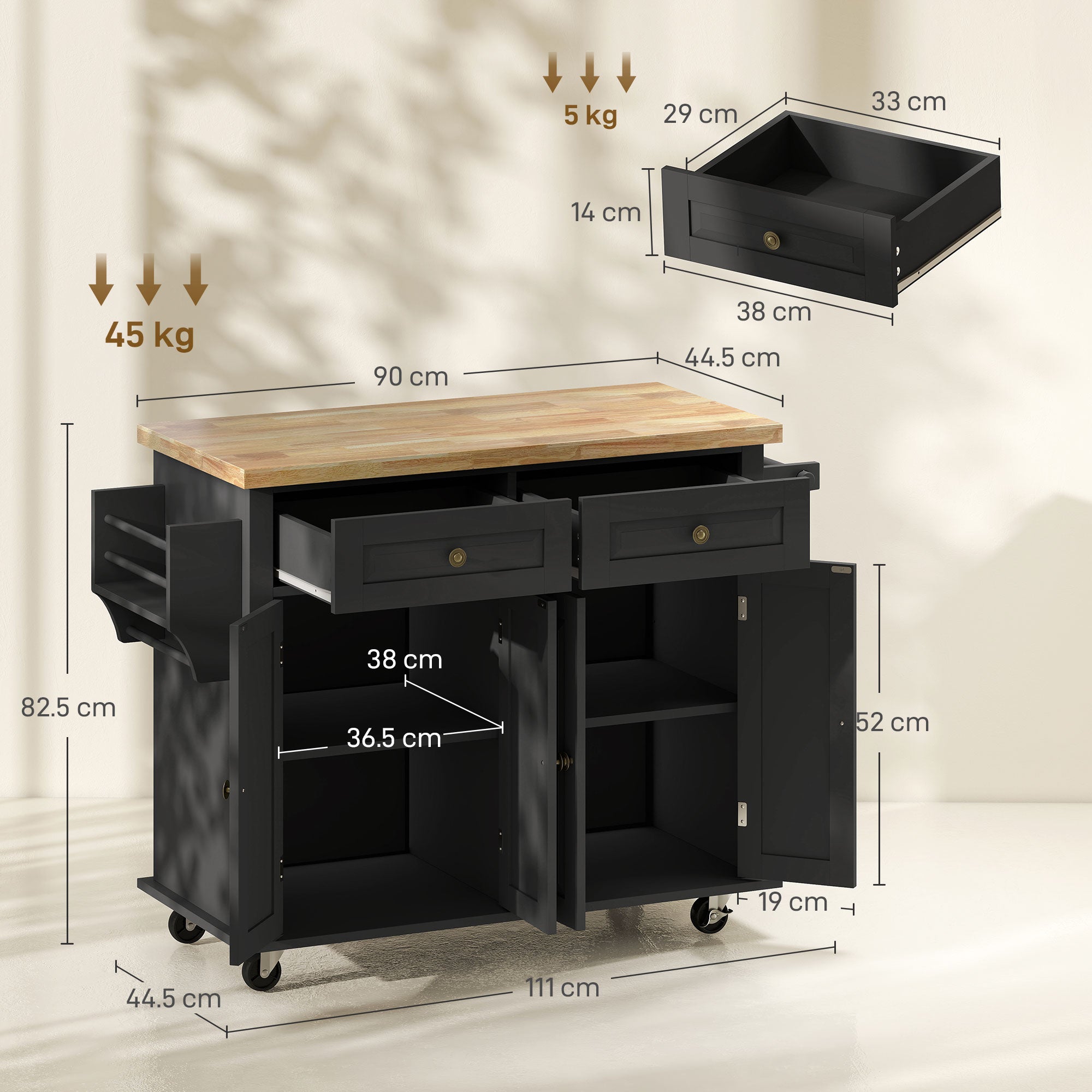 HOMCOM Rolling Kitchen Island Storage Trolley with Rubber Wood Top & Drawers for Dining Room, Black - anydaydirect
