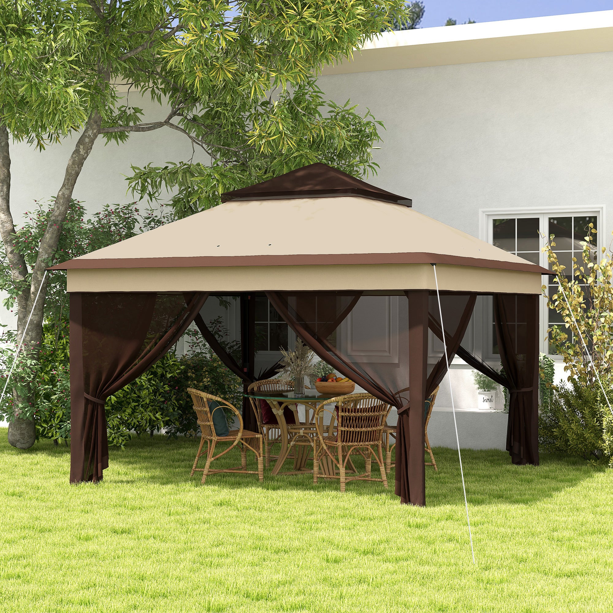 Outsunny 3 x 3(m) Pop Up Gazebo, Height Adjustable Instant Event Shelter with Netting and Carrying Bag, Beige - anydaydirect
