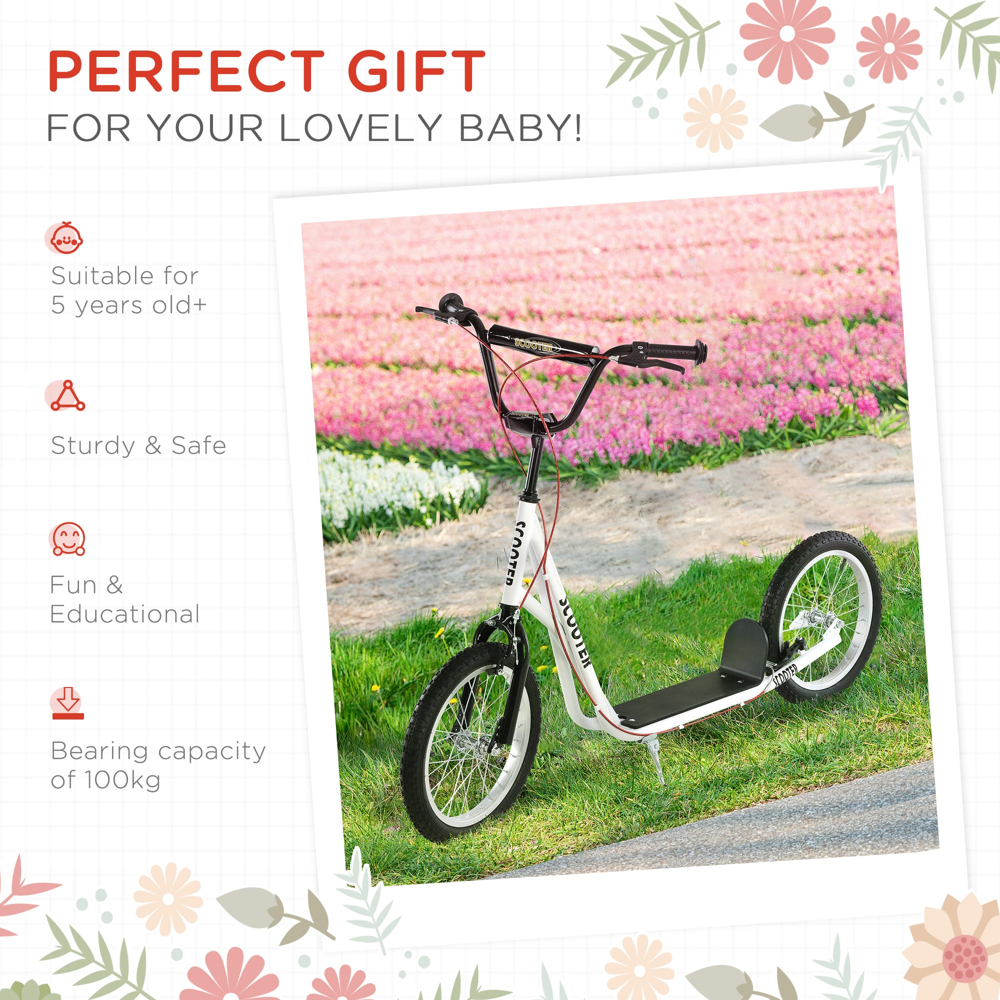 HOMCOM Stunt Scooter for Teens and Kids, Kick Scooter with Adjustable Handlebar, Dual Brakes, and 16 Inch Rubber Tyres, White - anydaydirect