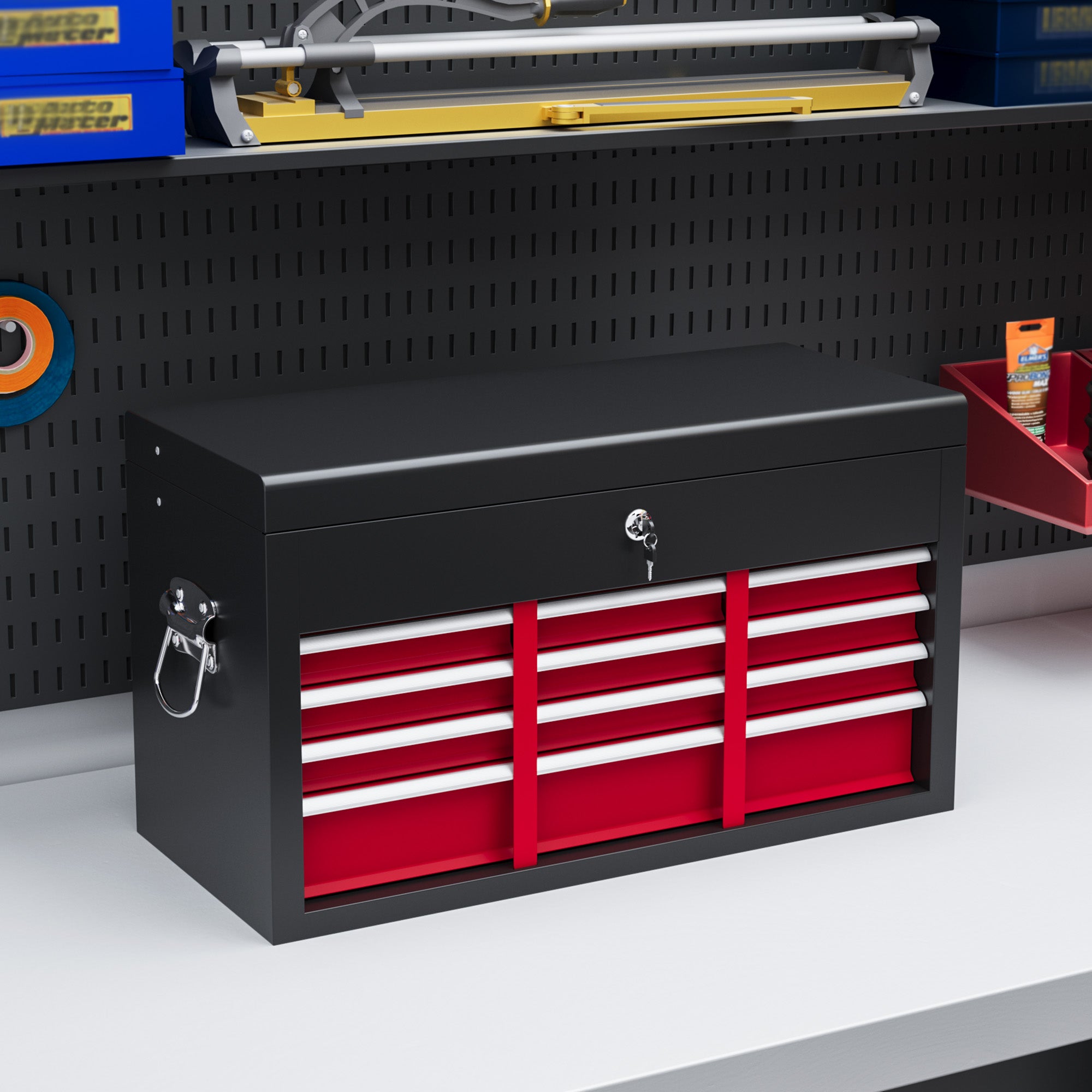HOMCOM Steel Six Drawer Tool Storage Carry Chest, with Lock and Keys - Red - anydaydirect