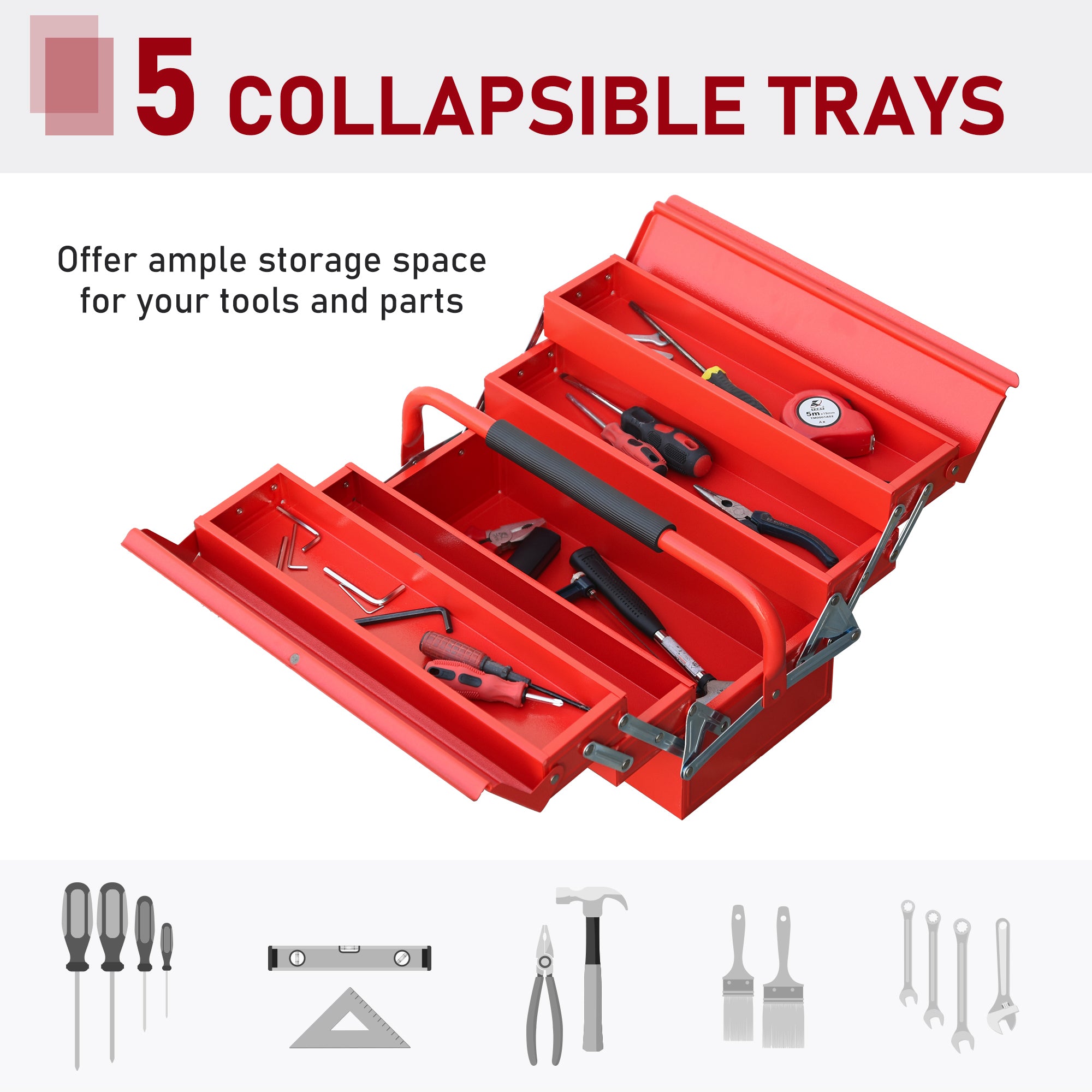 DURHAND Metal Tool Box 3 Tier 5 Tray Professional Portable Storage Cabinet Workshop Cantilever Toolbox with Carry Handle, 45cmx20cmx34.5cm, Red - anydaydirect