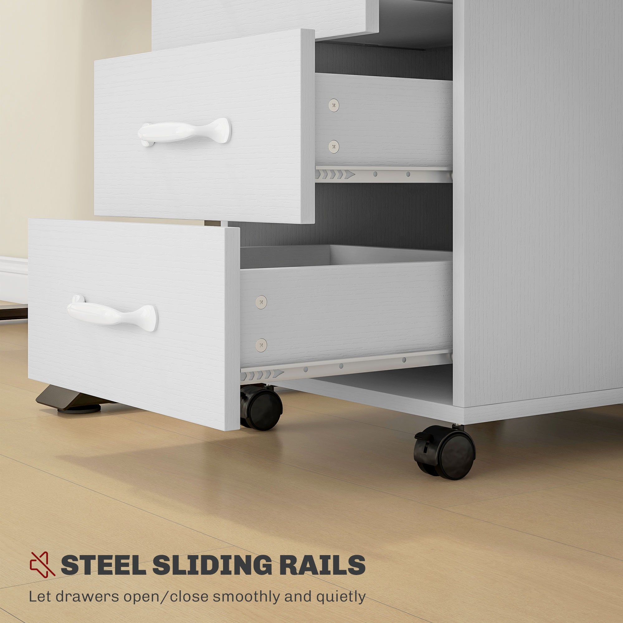HOMCOM 3 Drawer File Cabinet, Mobile Filing Cabinet on Wheels for Home Office, Study, White - anydaydirect