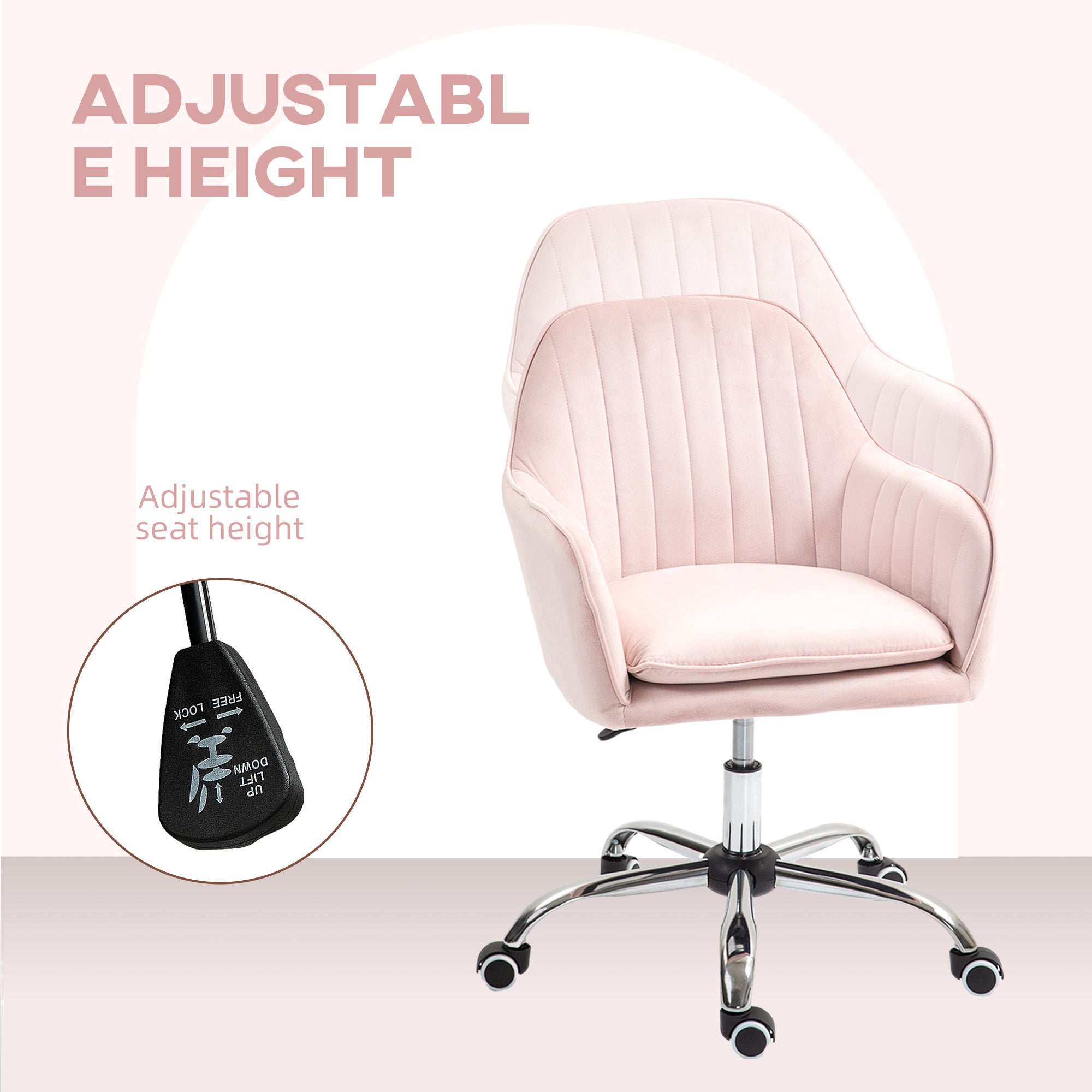 HOMCOM Velvet-Feel Tub Office Chair, with Seat Cushion - Pink - anydaydirect
