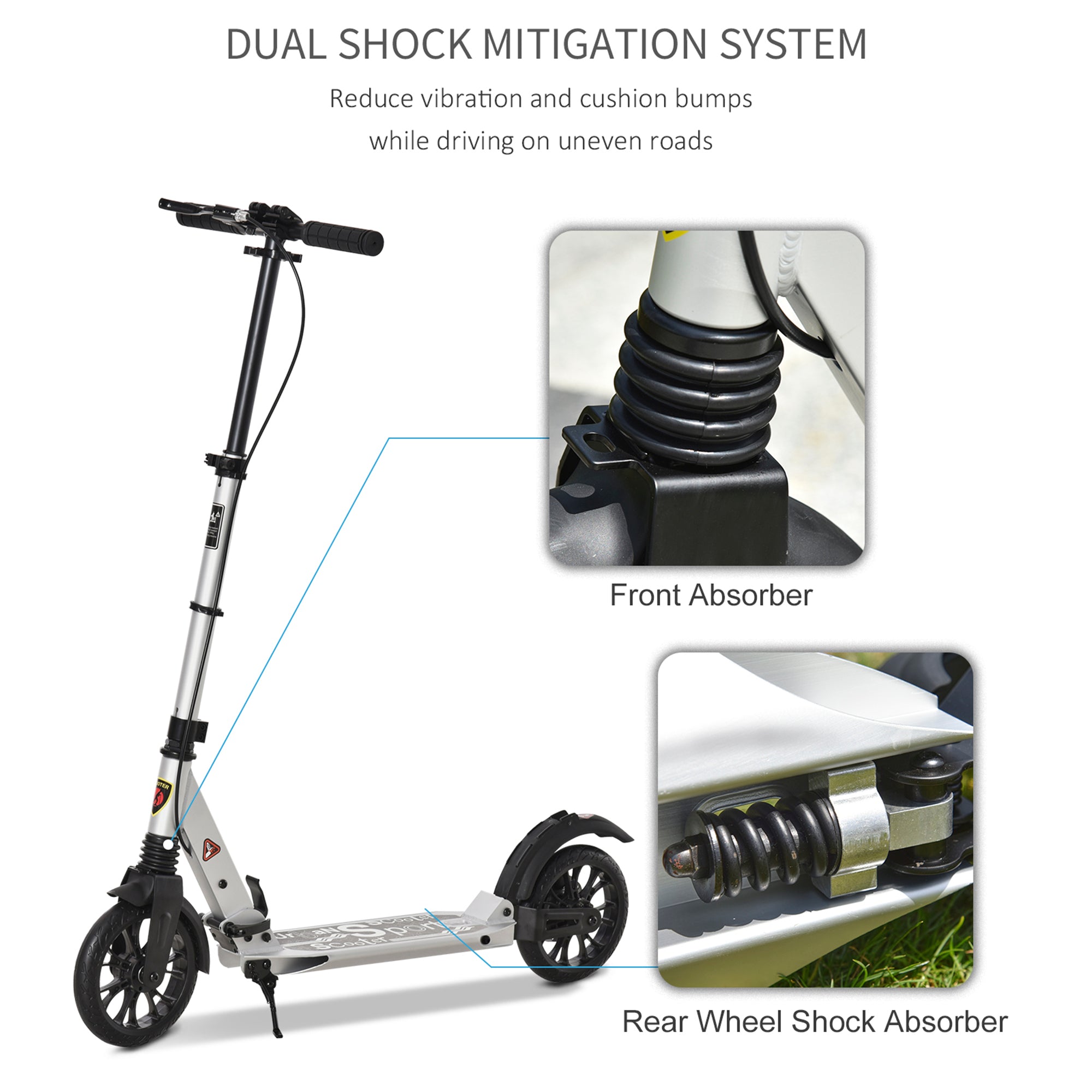 HOMCOM Teen/Adults Aluminium Folding Kick Scooter w/ Shock Mitigation System Silver - anydaydirect