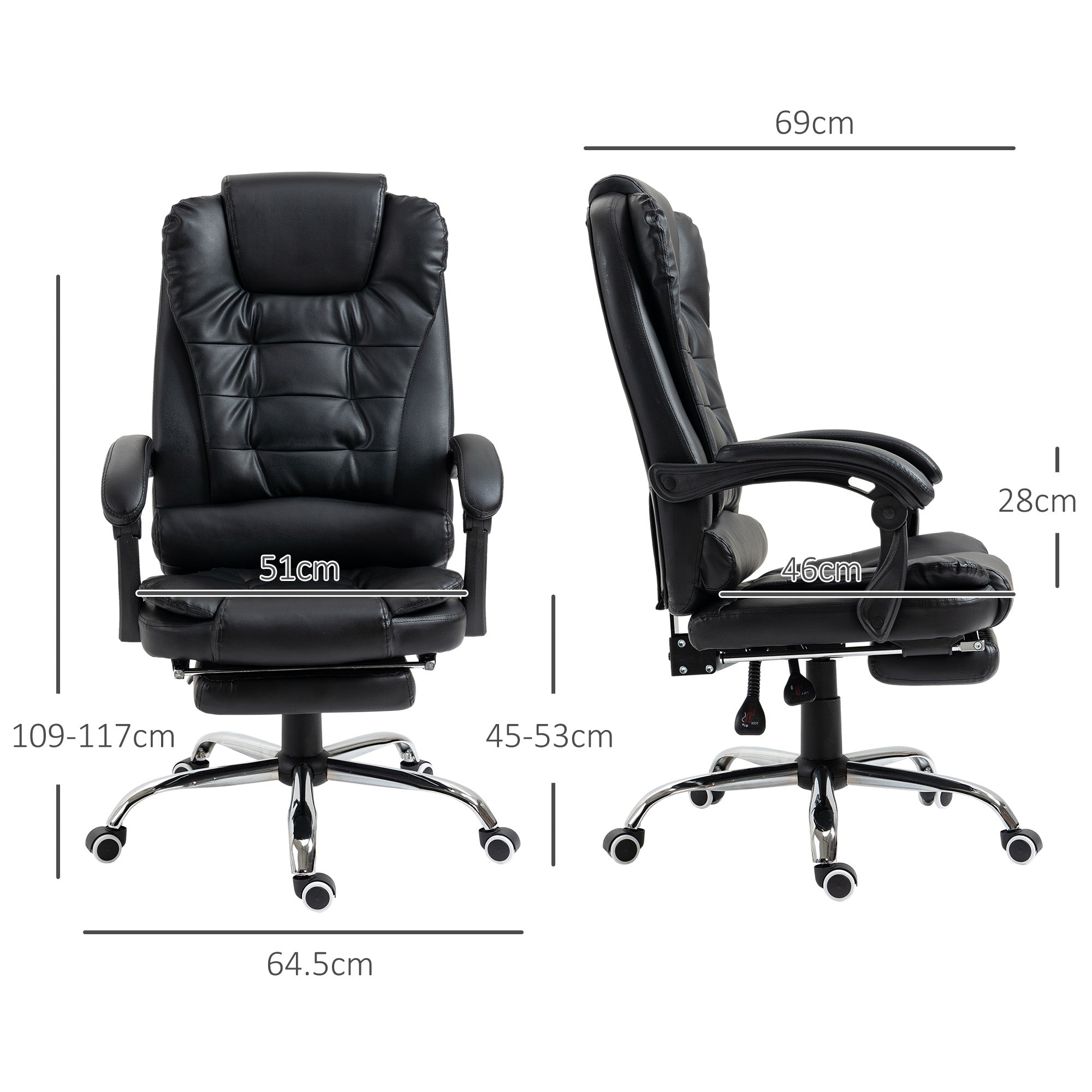 HOMCOM Executive Office Chair, PU Leather Home Office Chair with Swivel Wheels, Reclining Backrest, Retractable Footrest, Black - anydaydirect