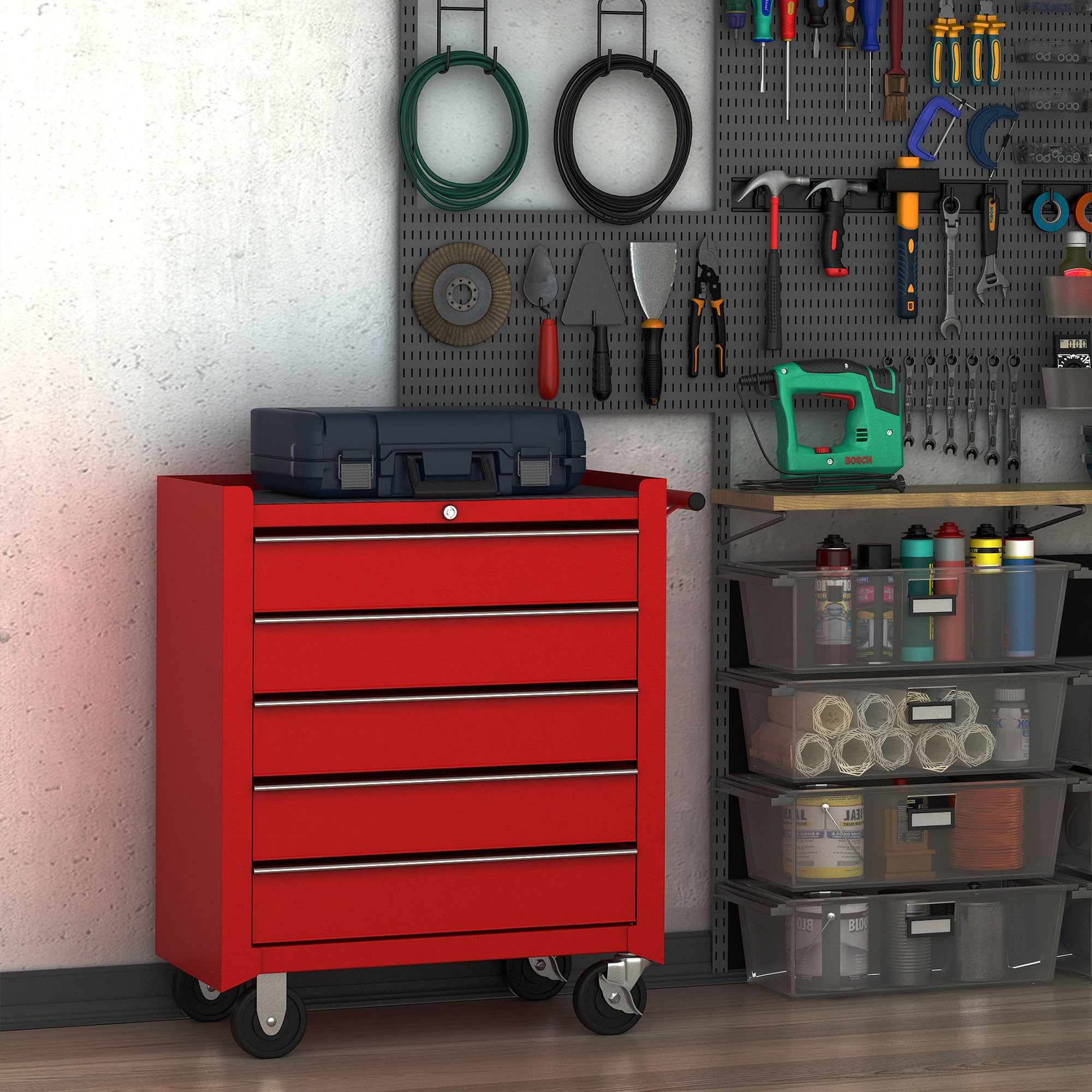 HOMCOM 5 Drawer Tool Chest on Wheels, Lockable Steel Tool Trolley with Side Handle for Workshop, Garage, Red - anydaydirect
