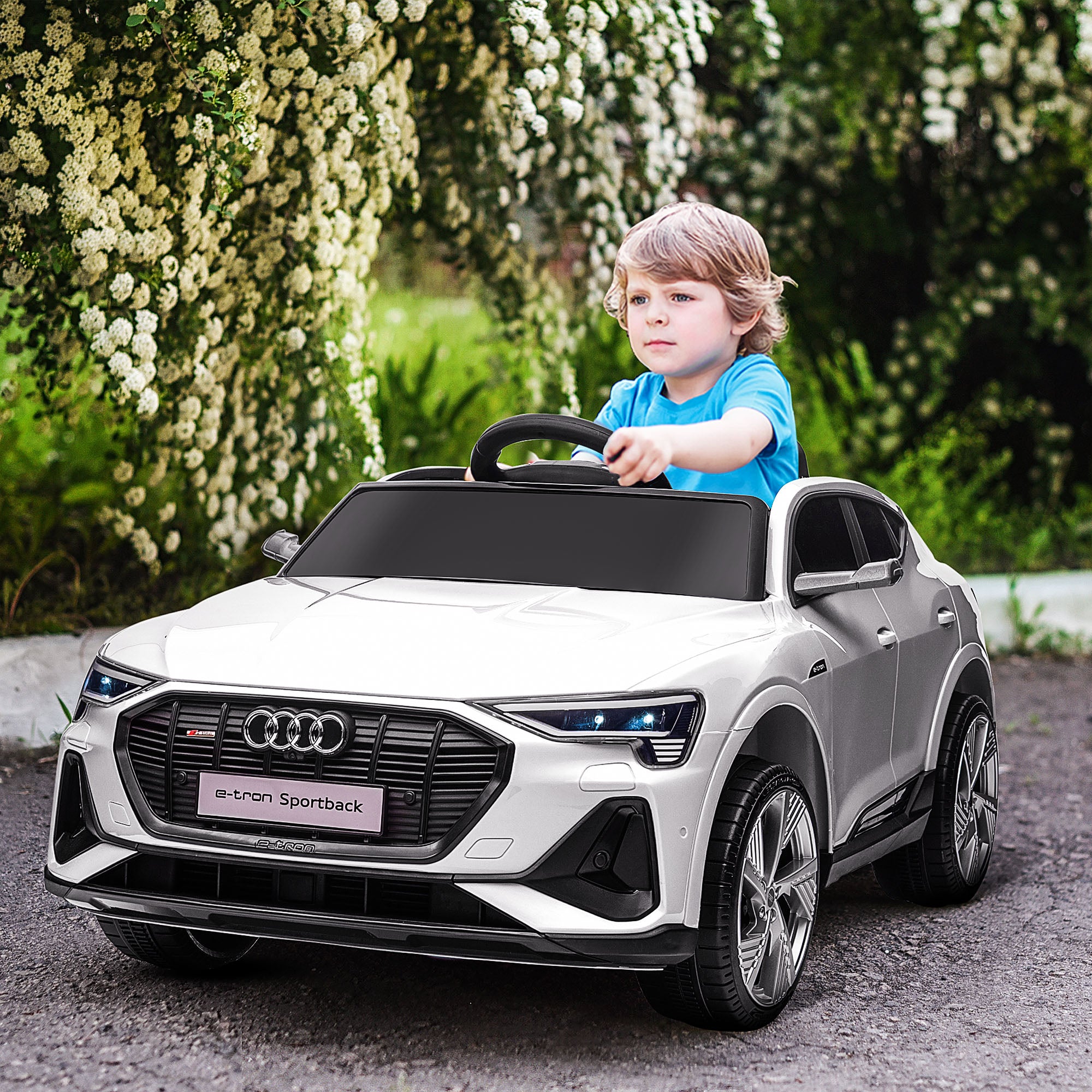 HOMCOM 12V Kids Electric Ride-On Car, with Remote Control, Lights, Music, Horn - White - anydaydirect