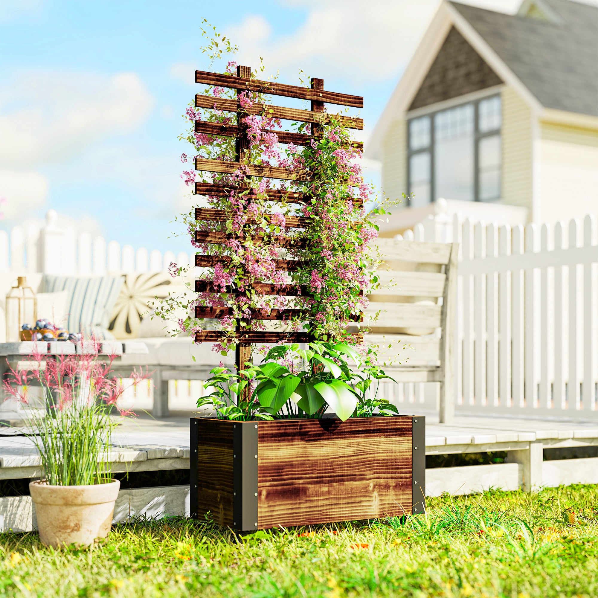 Outsunny Raised Garden Bed with Trellis, Outdoor Wooden Planter Box with Metal Corners and Wheels, Raised Bed for Garden - anydaydirect