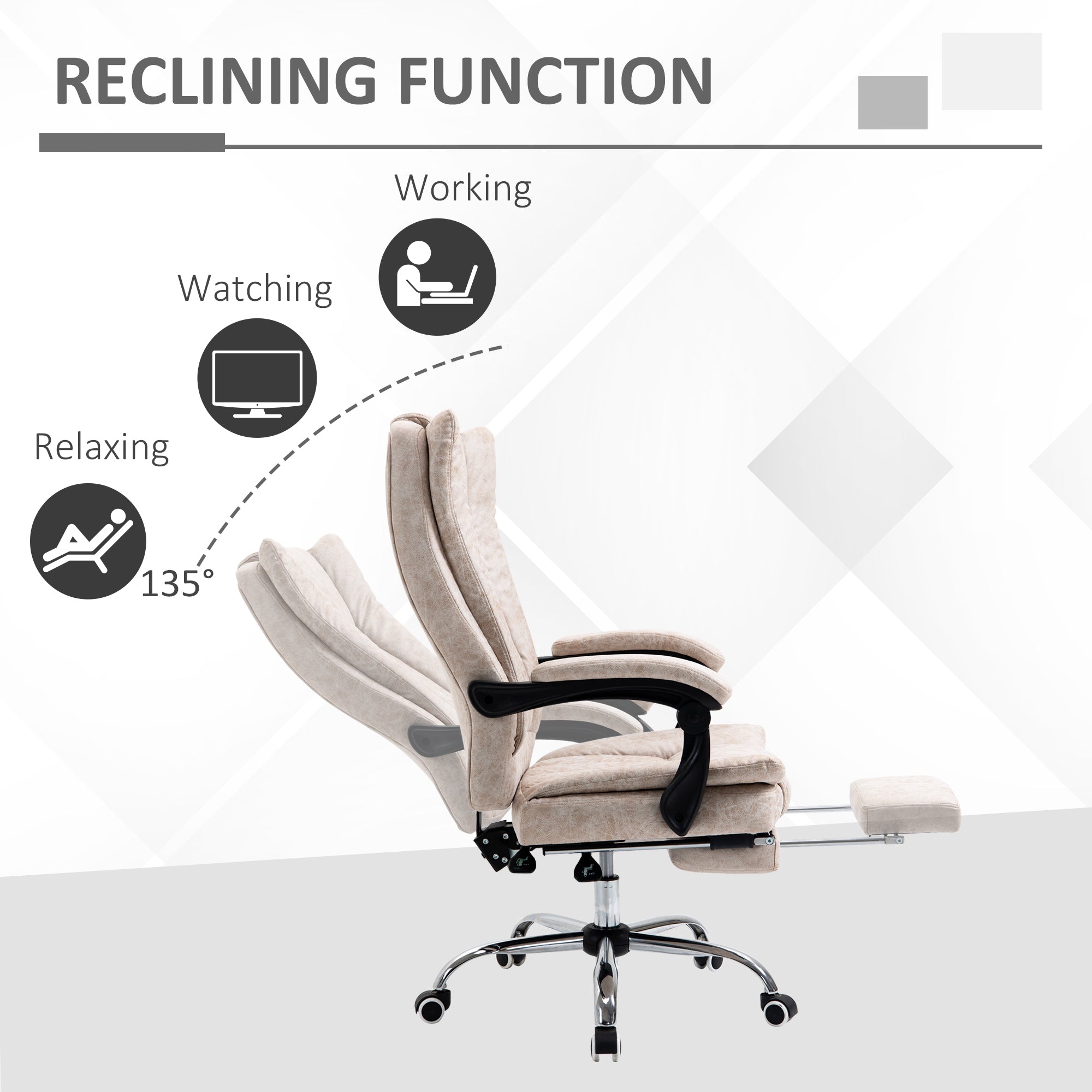 Vinsetto Home Office Chair Microfibre Desk Chair with Reclining Function Armrests Swivel Wheels Footrest Beige - anydaydirect