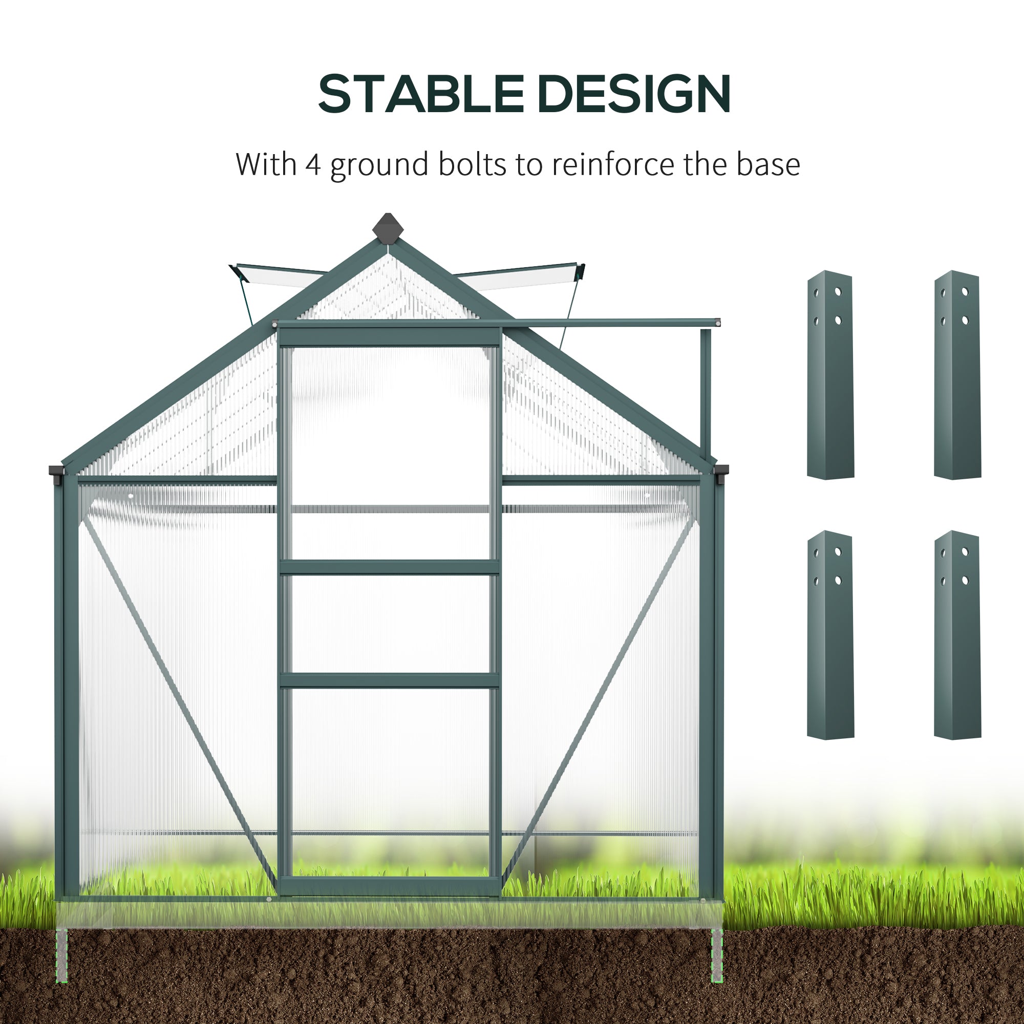 Outsunny 6 x 10ft Polycarbonate Greenhouse, Large Walk-In Green House with Slide Door and Window, Garden Plants Grow House with Aluminium Frame and Foundation, Dark Green - anydaydirect
