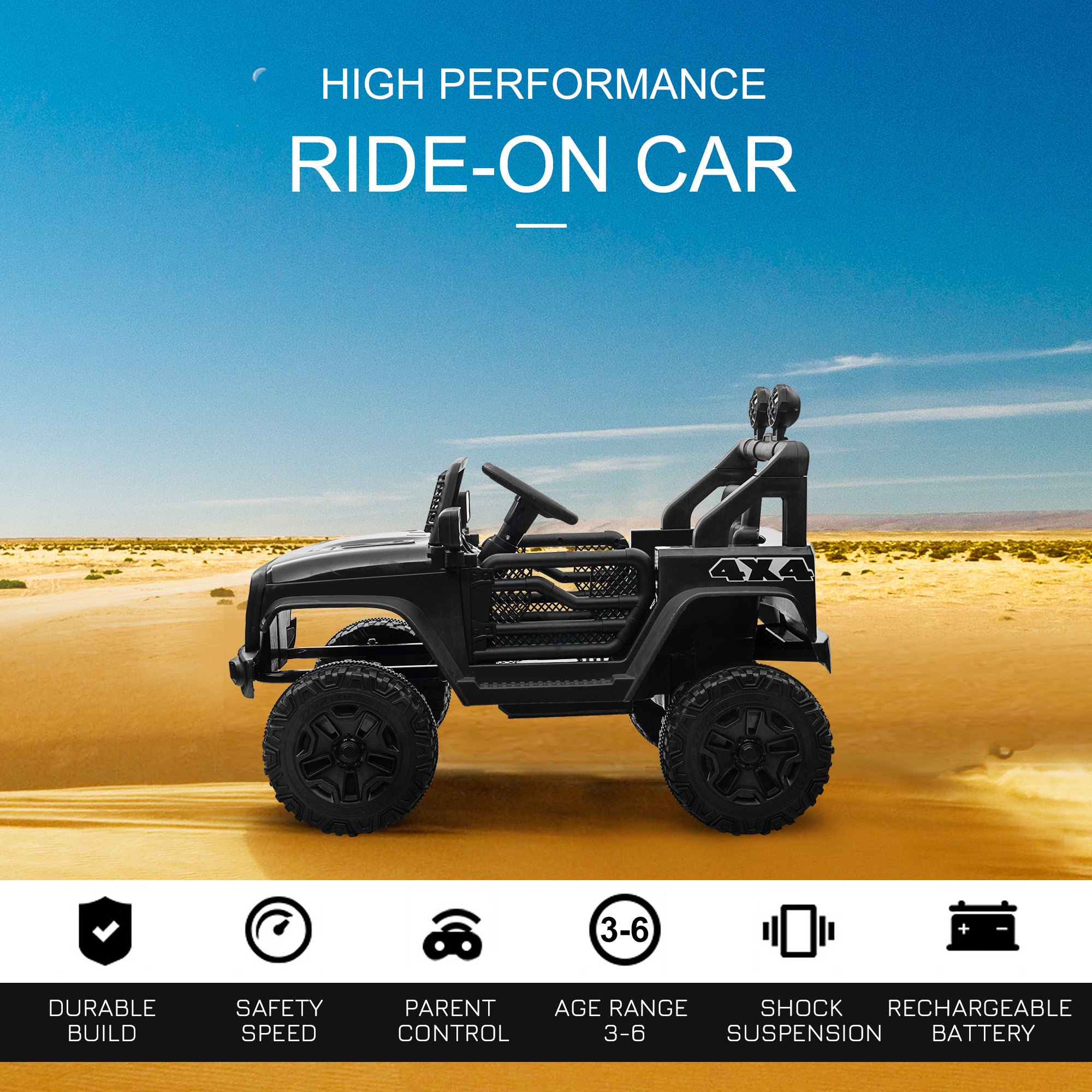 HOMCOM 12V Battery-powered 2 Motors Kids Electric Ride On Car Truck Off-road Toy with Parental Remote Control Horn Lights for 3-6 Years Old Black - anydaydirect