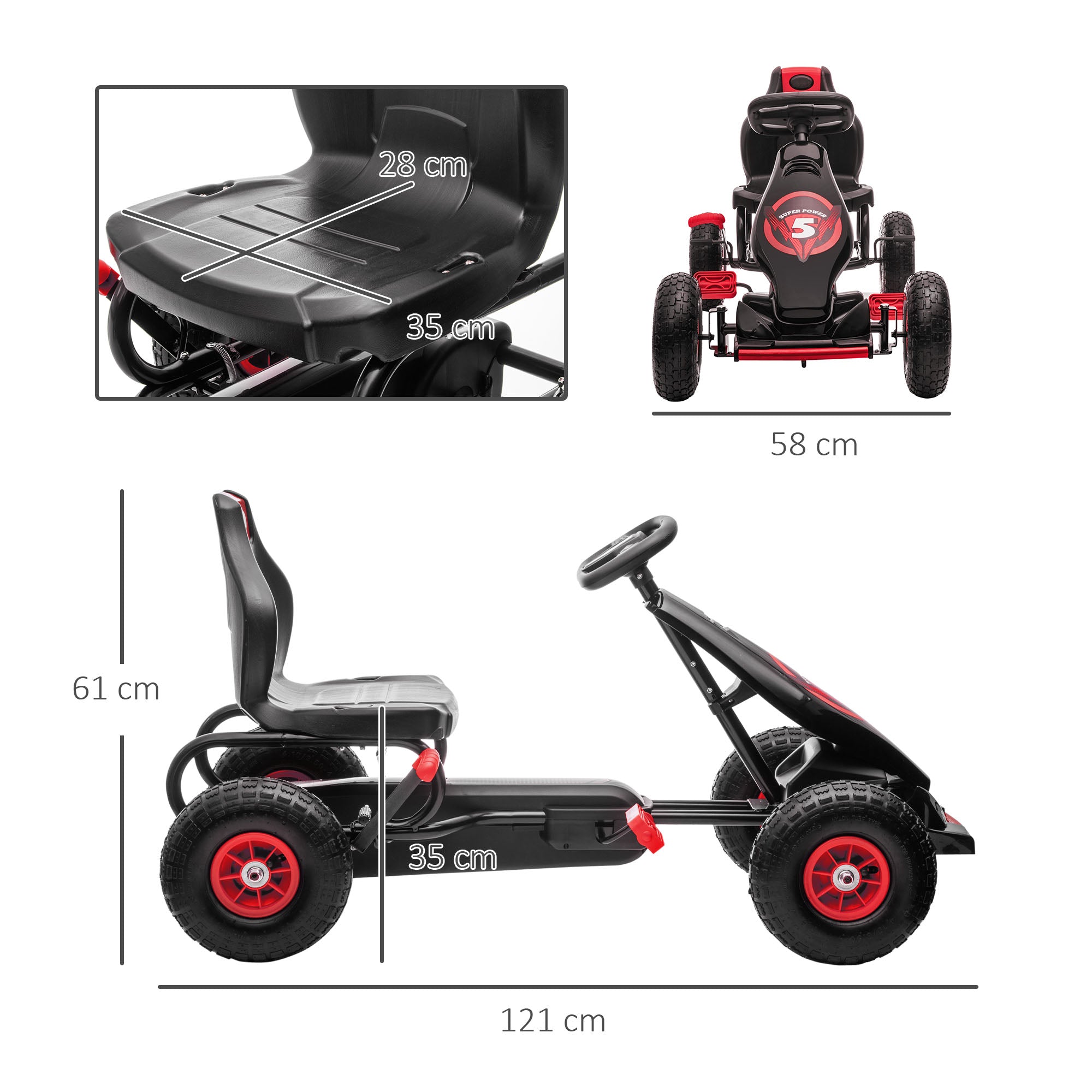 HOMCOM Pedal Go-Kart: Adjustable Seat, Inflatable Tyres & Handbrake for Kids, Red - anydaydirect