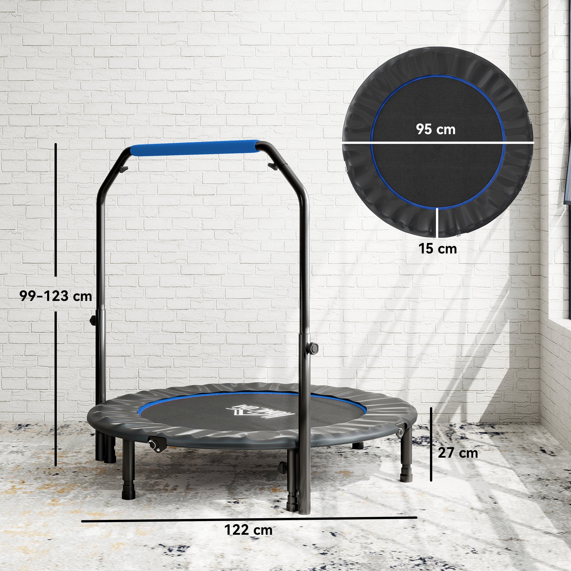 HOMCOM 48" Foldable Mini Fitness Trampoline, with Adjustable Foam Handle, Blue - anydaydirect