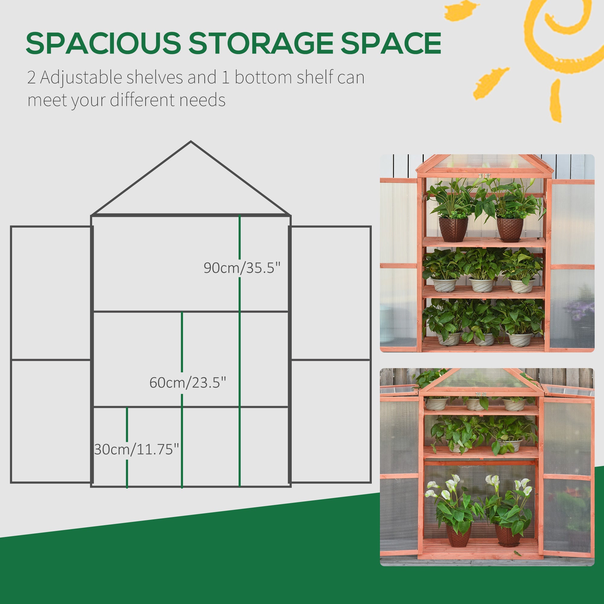 Outsunny Garden Cold Frame Polycarbonate Greenhouse with Adjustable Shelves, Double Doors, Openable Top Covers, Grow House for Flower Vegetable Plants, 80 x 47 x 138cm, Orange - anydaydirect