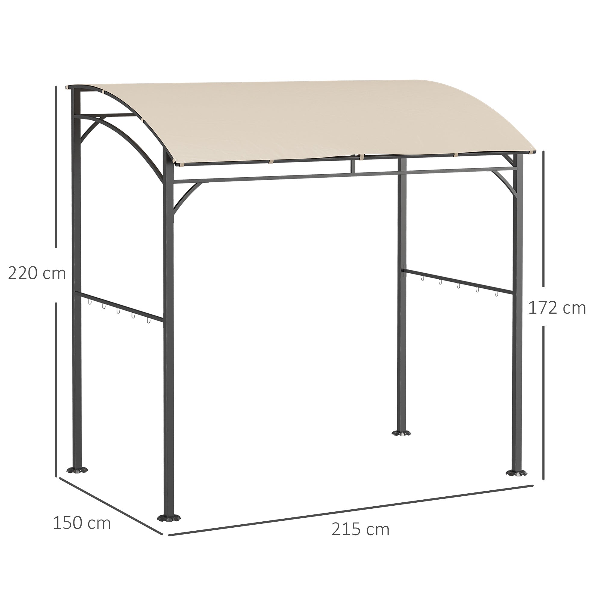 Outsunny 2.2 x 1.5 m BBQ Grill Gazebo Tent, Garden Grill with Metal Frame, Curved Canopy and 10 Hooks, Outdoor Sun Shade, Beige - anydaydirect