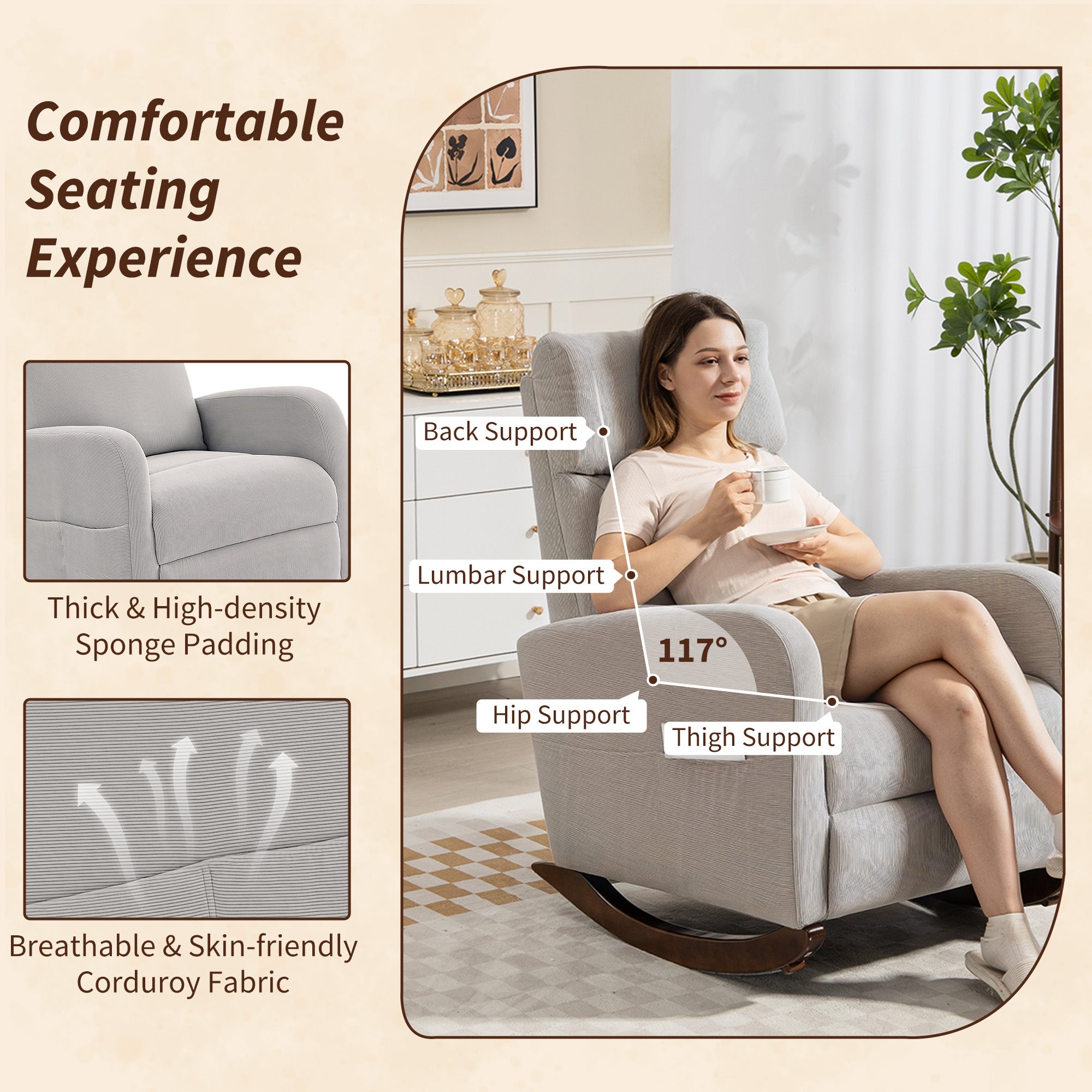 HOMCOM Corduroy Rocking Armchair - Grey - anydaydirect