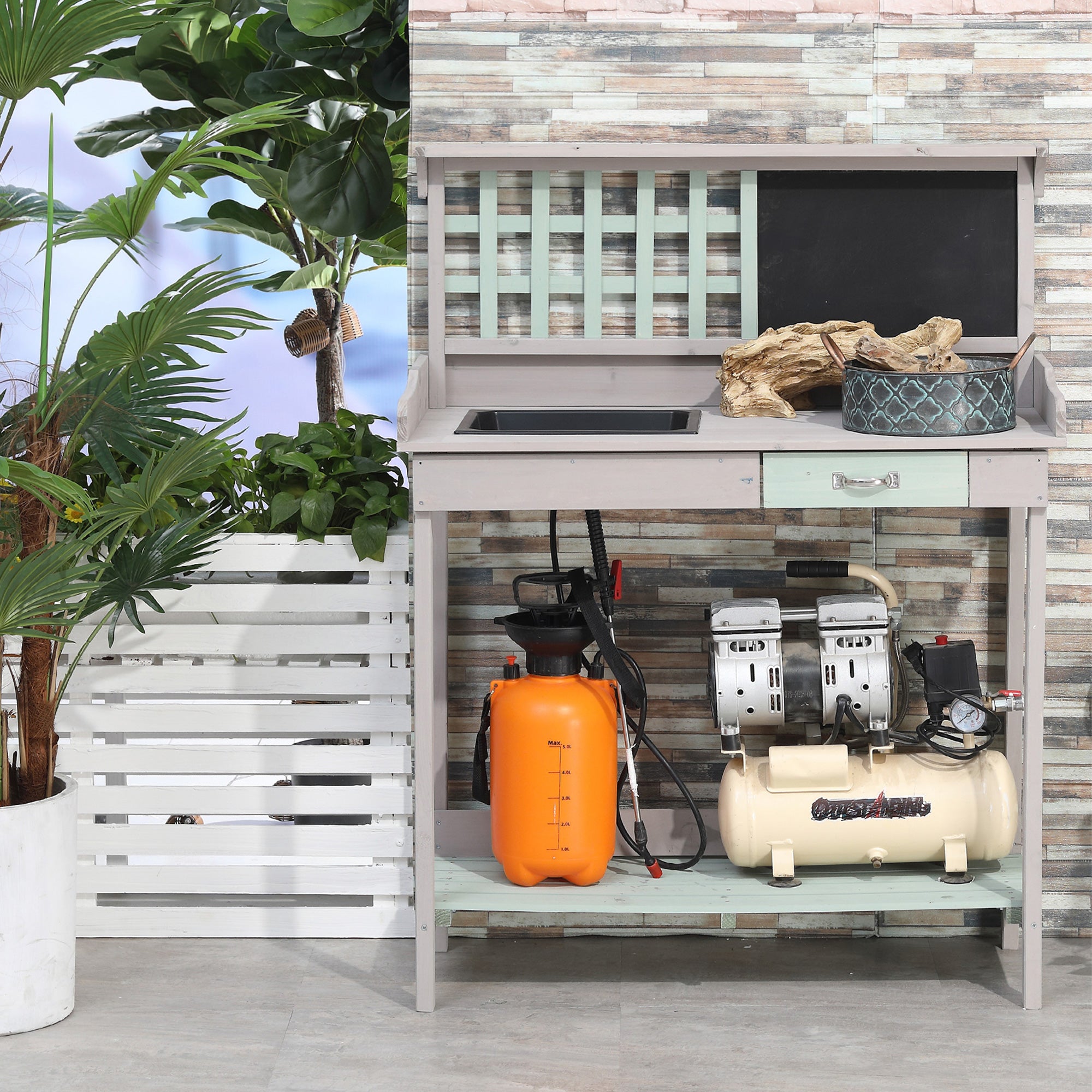 HOMCOM Garden Potting Table with Sink, Blackboard and Drawer, Wooden Planting Work Bench Workstation Outdoor Tool Storage Shelves - anydaydirect
