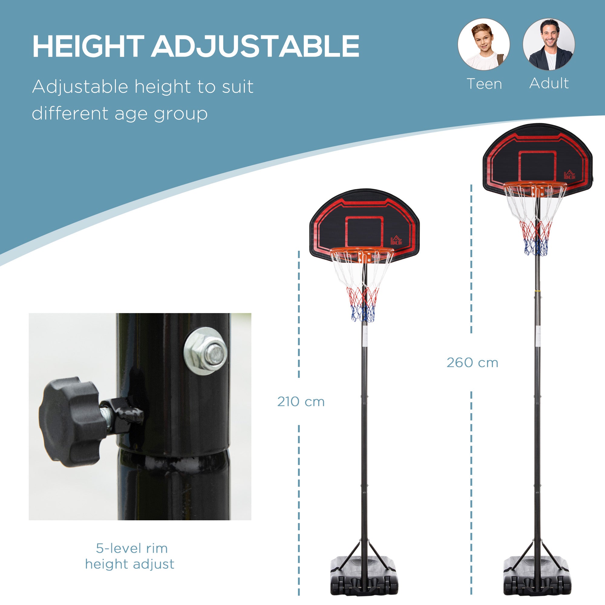 HOMCOM Basketball Hoop Stand Portable Adjustable Height 2.1-2.6m w/ Wheels, Sturdy Rim Stable Base, Black - anydaydirect
