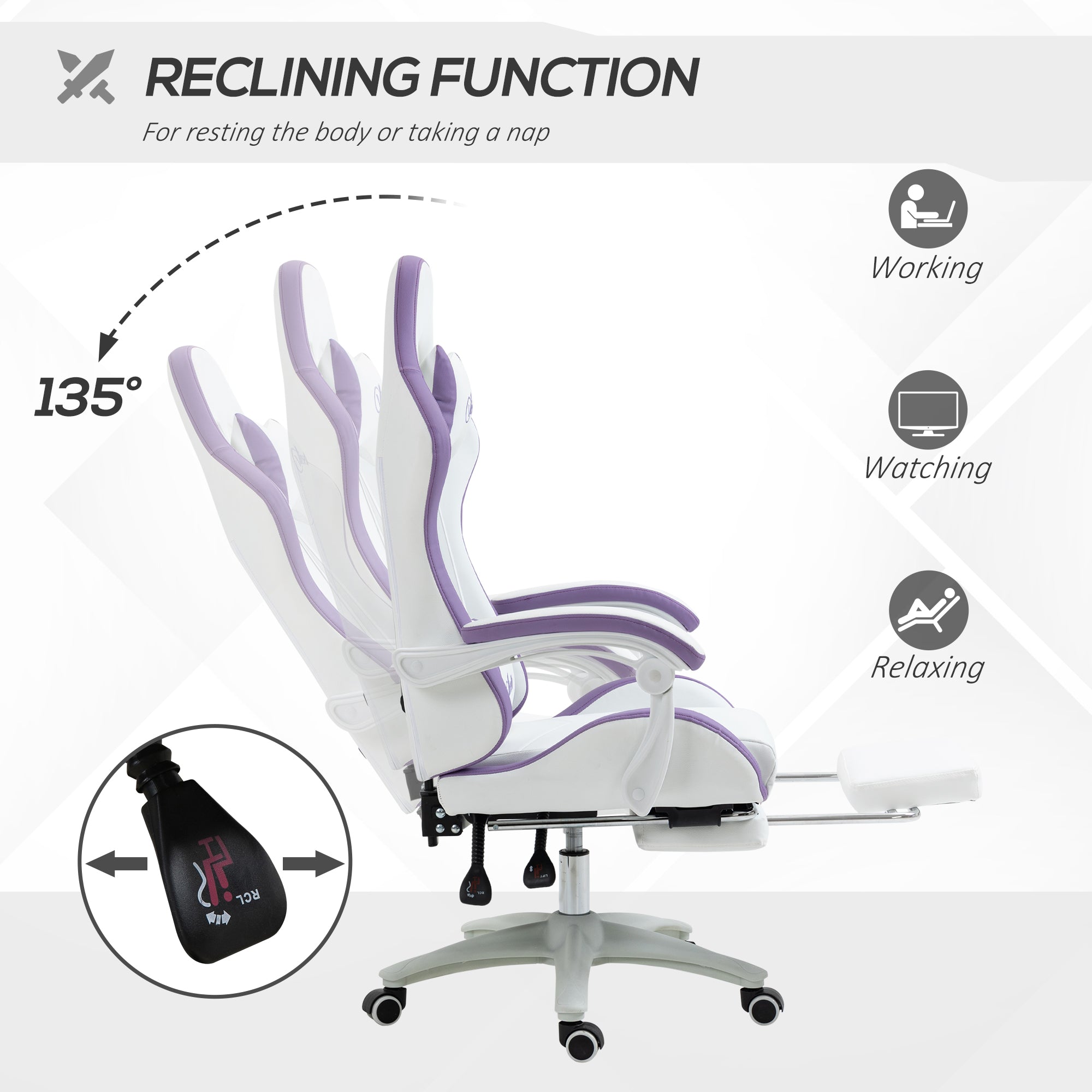 Vinsetto Computer Gaming Chair, PU Leather Desk Chair with Footrest, Swivel Task Chair with 135° Reclining Back and Lumbar Support, PC Chair for Adults, White and Purple - anydaydirect