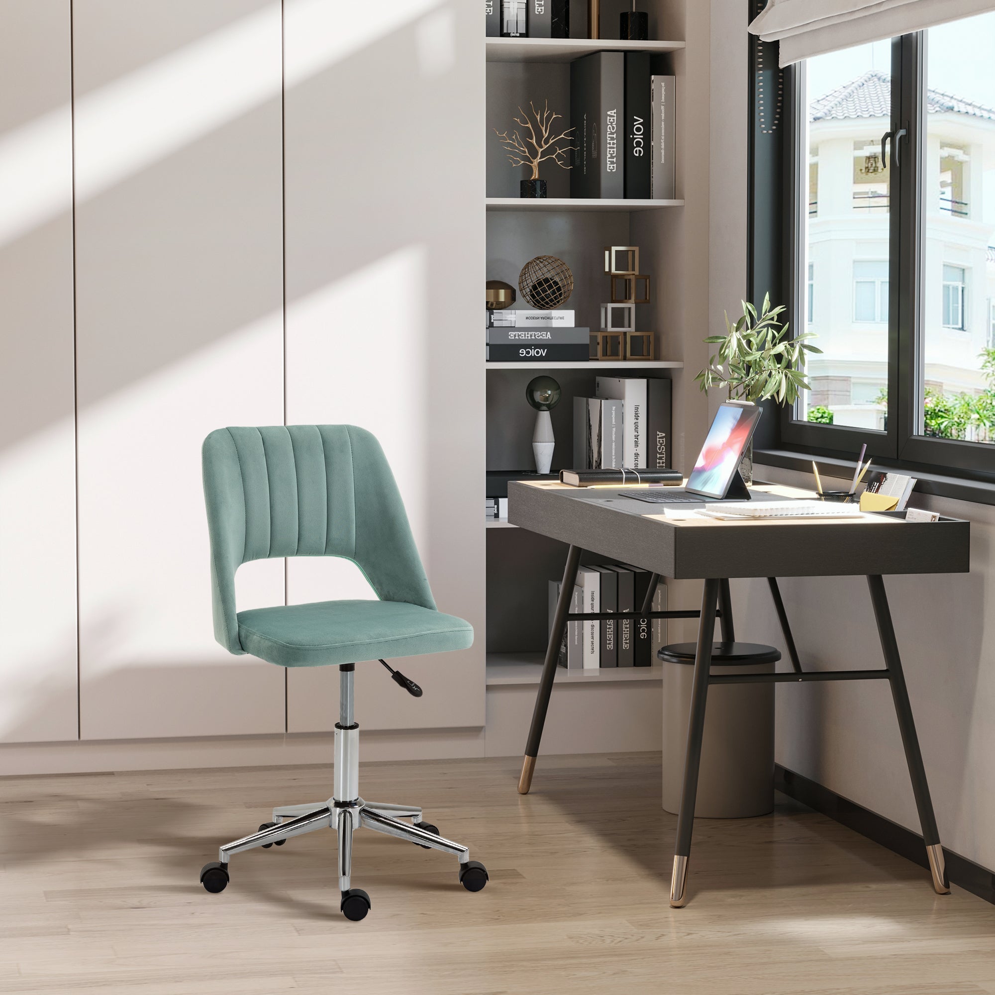 Vinsetto Mid Back Office Chair Velvet Fabric Swivel Scallop Shape Computer Desk Chair for Home Study Bedroom Green - anydaydirect