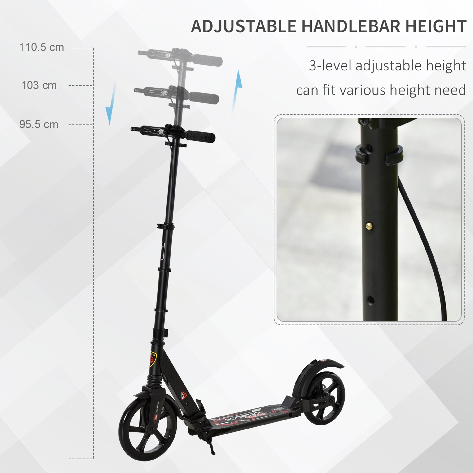HOMCOM Kick Scooter, Folding 2 Wheel Scooter for 14+ Teens Adults, with Dual Brake System, Dual Suspension, 230mm Big Wheels, 3 Adjustable Handlebar, up to 100KG, Black - anydaydirect